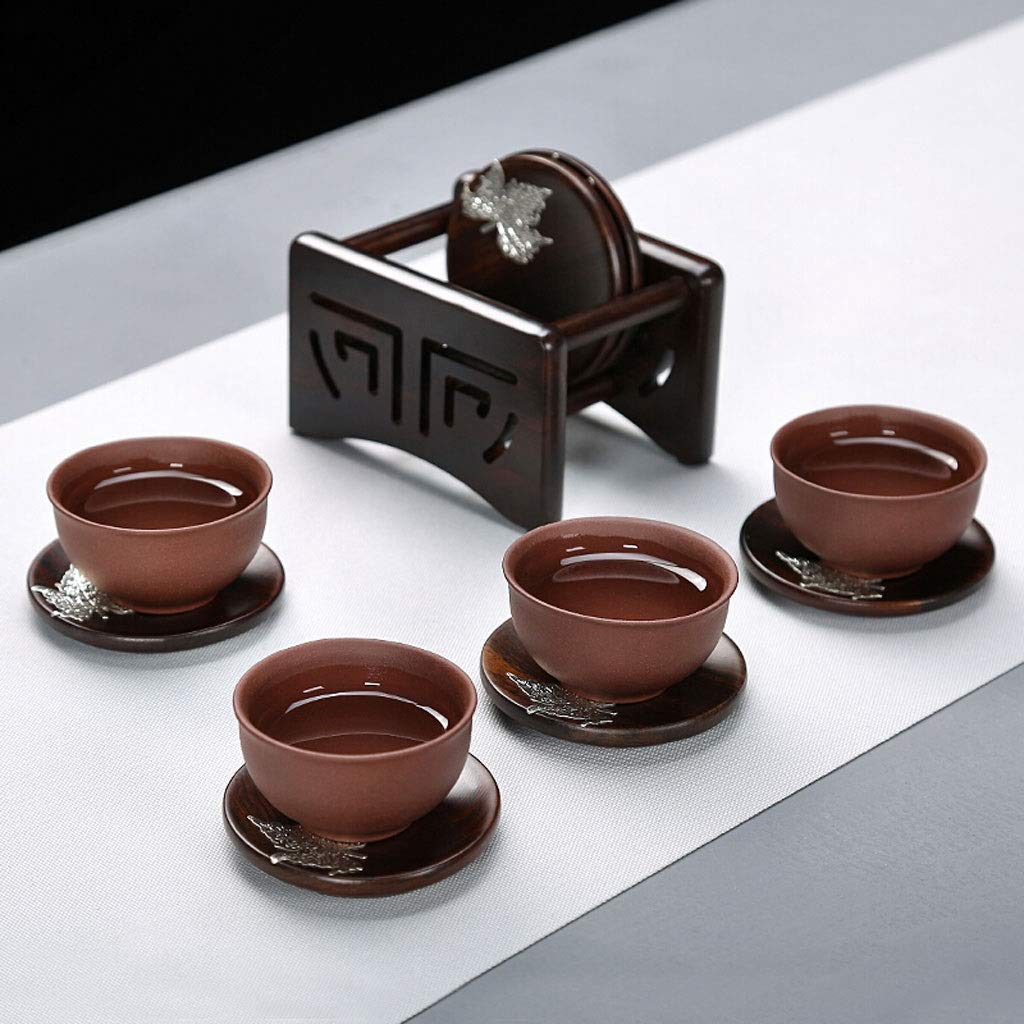 Luxury Gold Inlaid Jade Tea Coasters Set - 6-Piece Ebony Wood Drink Coasters with Insulation Pad, Elegant Tea Tray Accessories for Hot & Cold Beverages - Perfect for Home, Office, and Gift Giving