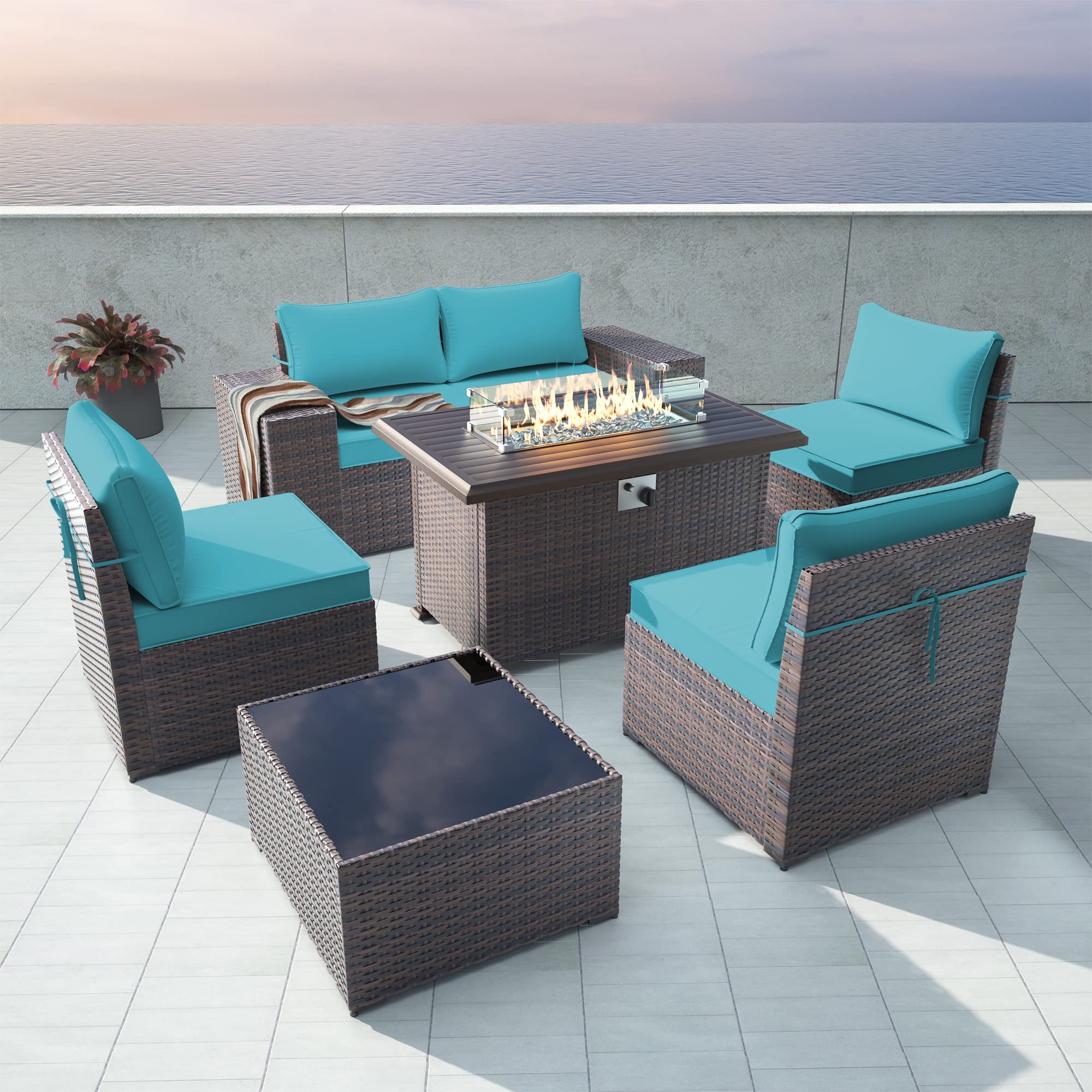 **7-Piece Gotland Outdoor Patio Furniture Set with 43-Inch Gas Fire Pit Table - 55,000 BTU Auto-Ignition Sectional Sofa Set with Glass Wind Guard for Backyard, Garden, and Poolside Relaxation**
