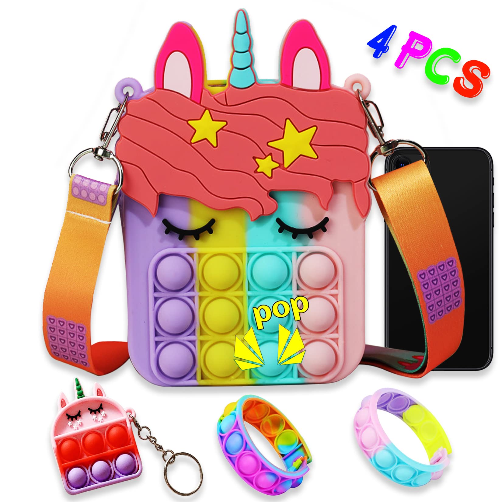 Large Unicorn Pop Purse for Girls - Rainbow Silicone Sensory Fidget Shoulder Bag & Crossbody Bag | Perfect Birthday, Halloween & Christmas Gift for Kids | Great for Parties, School & Sensory Play