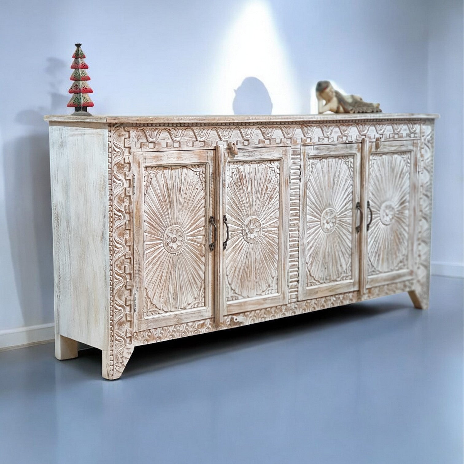 Handmade Carved Indian Mango Wood 4-Door Sideboard Buffet Cabinet 180x40x90cm Whitewash Finish - Perfect for Dining Room Storage, Living Room Decor & Rustic Home Furniture