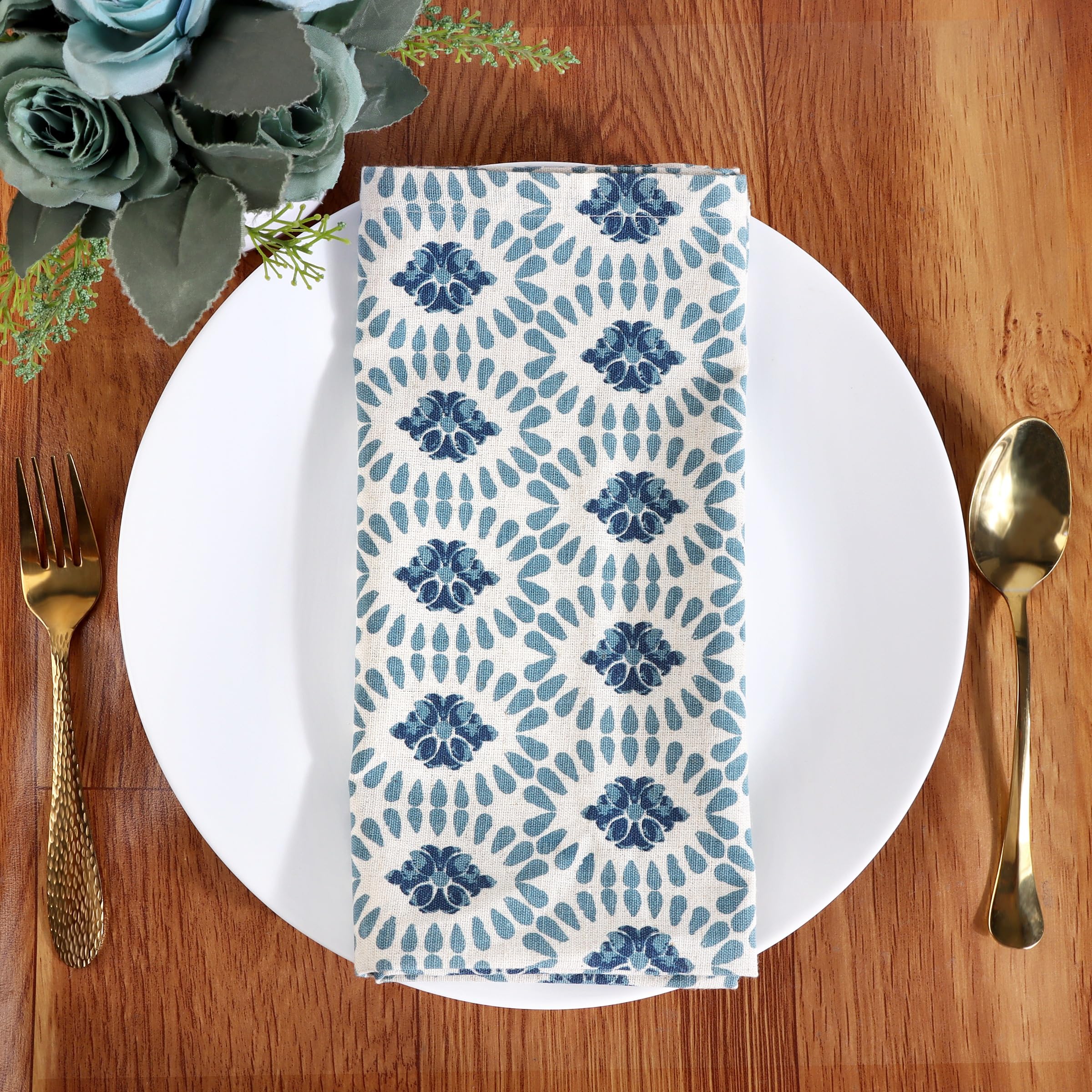 FINGERCRAFT 12-Pack Cotton Linen Blend Cloth Napkins Set - 20x20 Inch Printed Table Napkins with Mitered Corners, Washable & Reusable Dinner Napkins in Moroccan Design - Perfect for Formal Dining, Weddings, and Eco-Friendly Home Decor