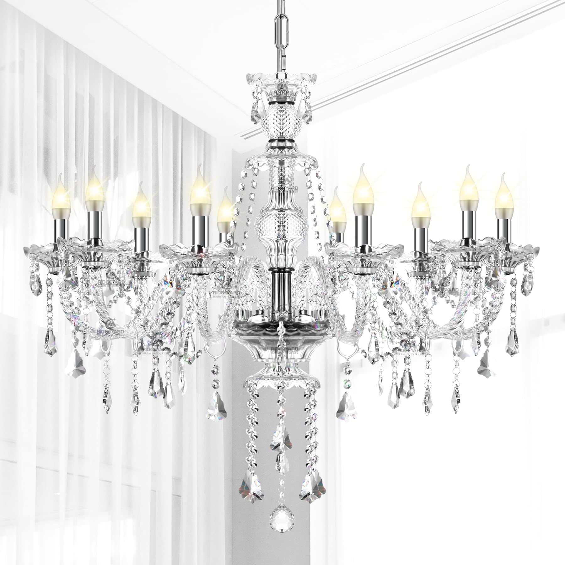 Modern Crystal Chandelier Ceiling Light Fixture - 10-Light E12 Base Pendant Lamp for Living Room, Dining Room, Bedroom, Hallway | Elegant Lighting for Home, Hotel, Restaurant & Bar Decor