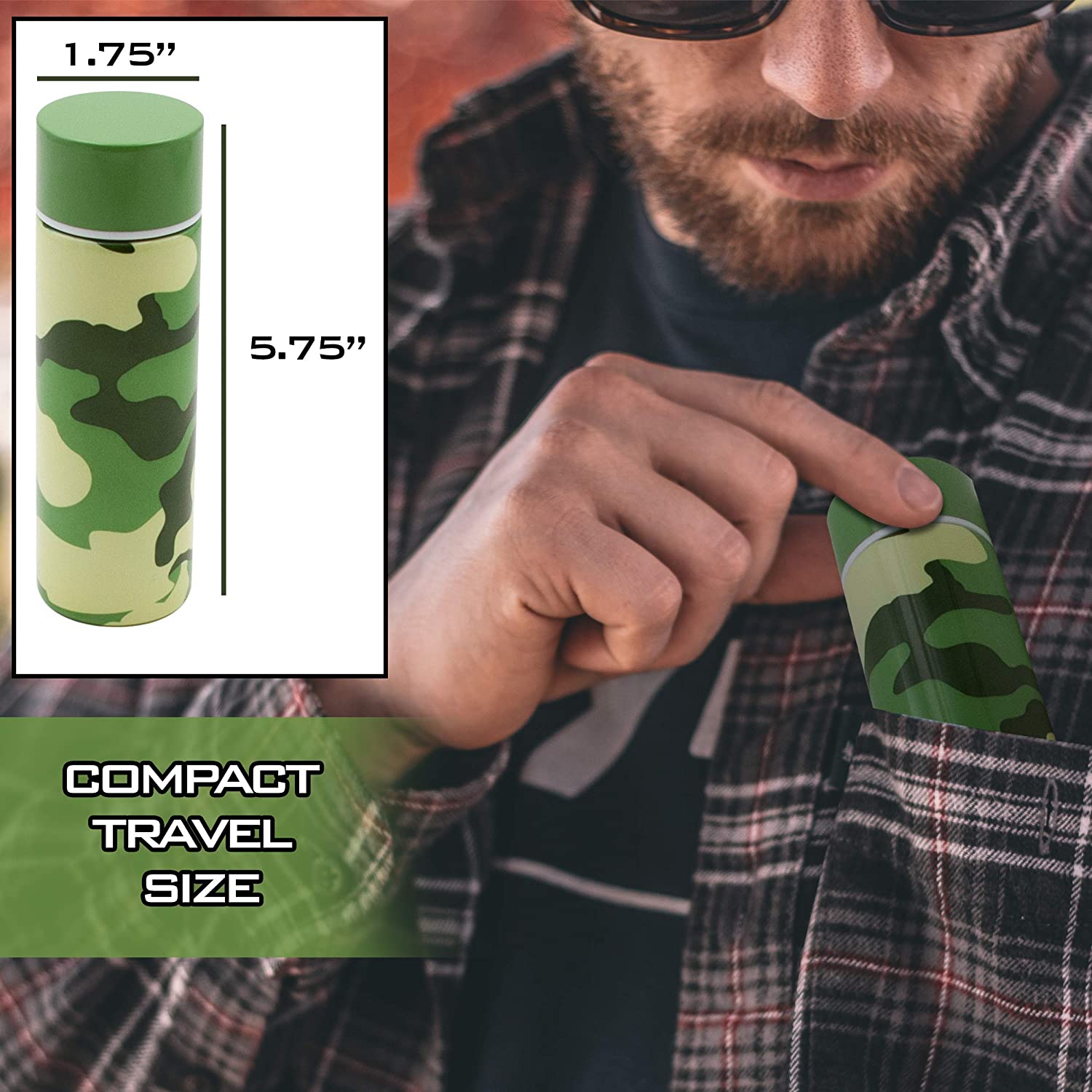 CASEMATIX 5oz Stainless Steel Portable Spit Cup with Cleaning Brush - Camo Design Travel Spittoon for Chewing Tobacco | Wide Mouth Reusable Spit Bottle for Car, Truck & Outdoor Use