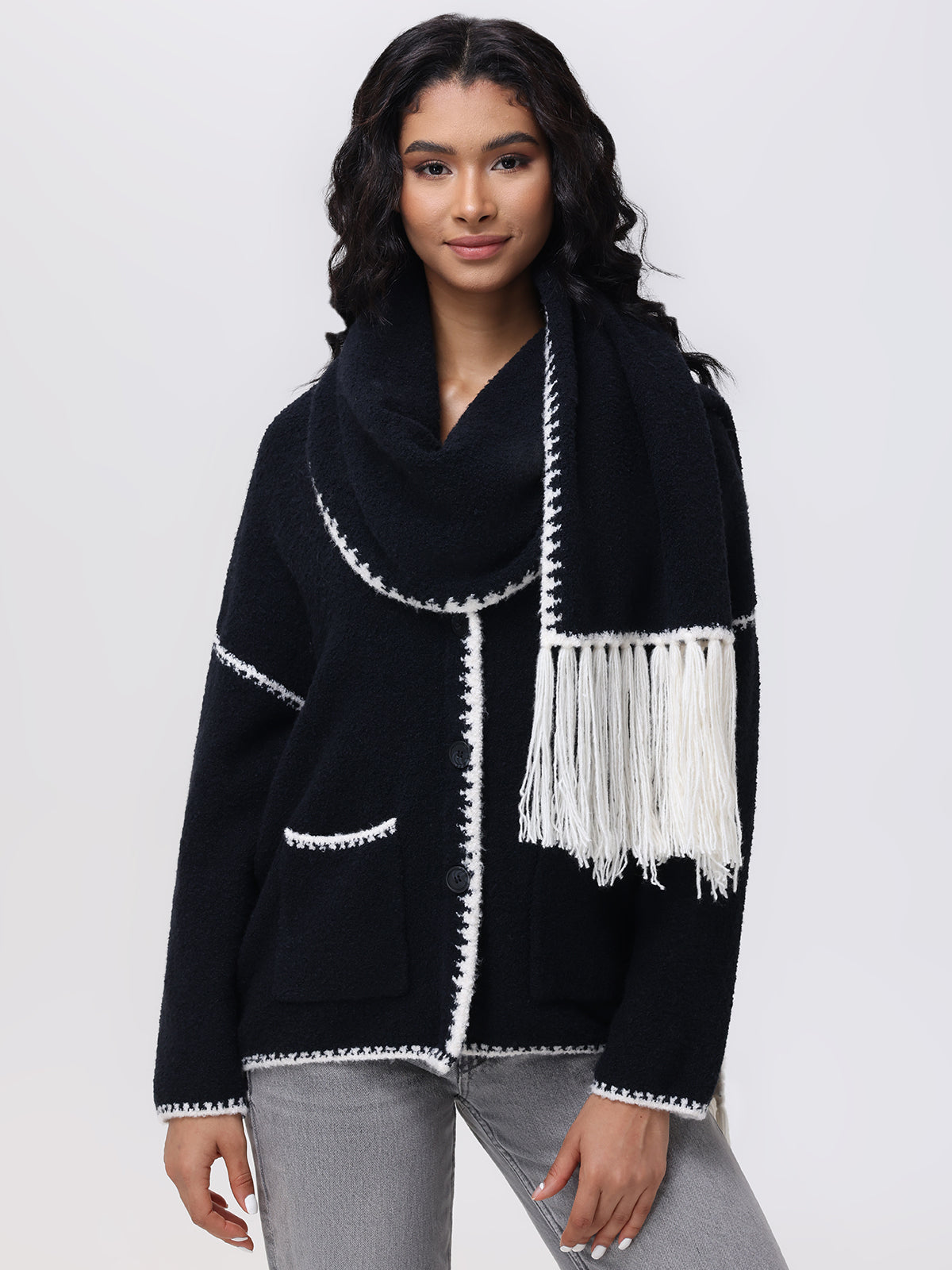 Tierney Whipstitch Scarf Neckline Cardigan Sweater for Women | Cozy Knit Open Front Long Cardigan | Perfect for Fall, Winter & Layering Outfits