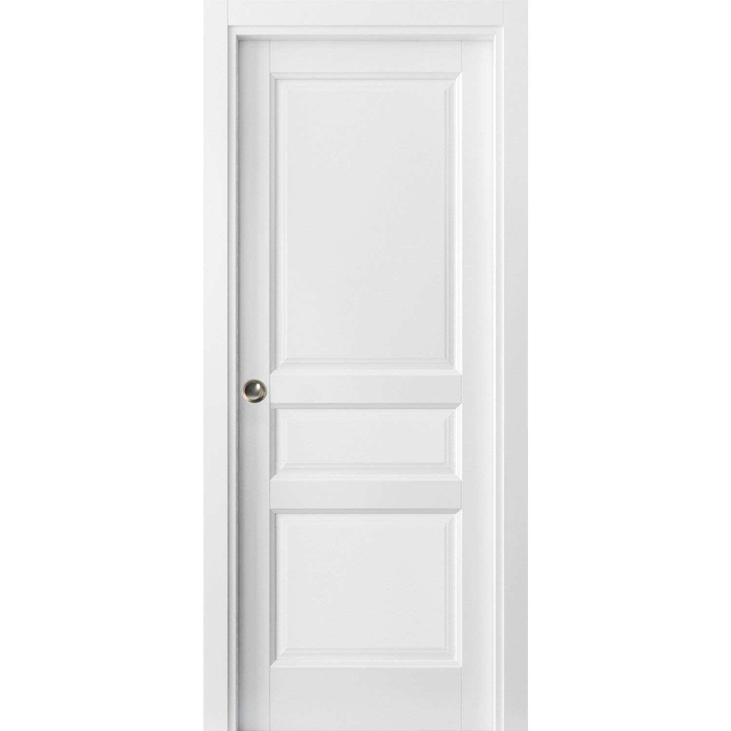 SARTODOORS 30x96 Inch 3 Panel Solid Wood Pocket Sliding Door Kit with Frames - Matte White Finish | Includes Trims, Rail & Hardware | Perfect for Pantry, Kitchen, Bedroom & Closet | Interior Door Solution