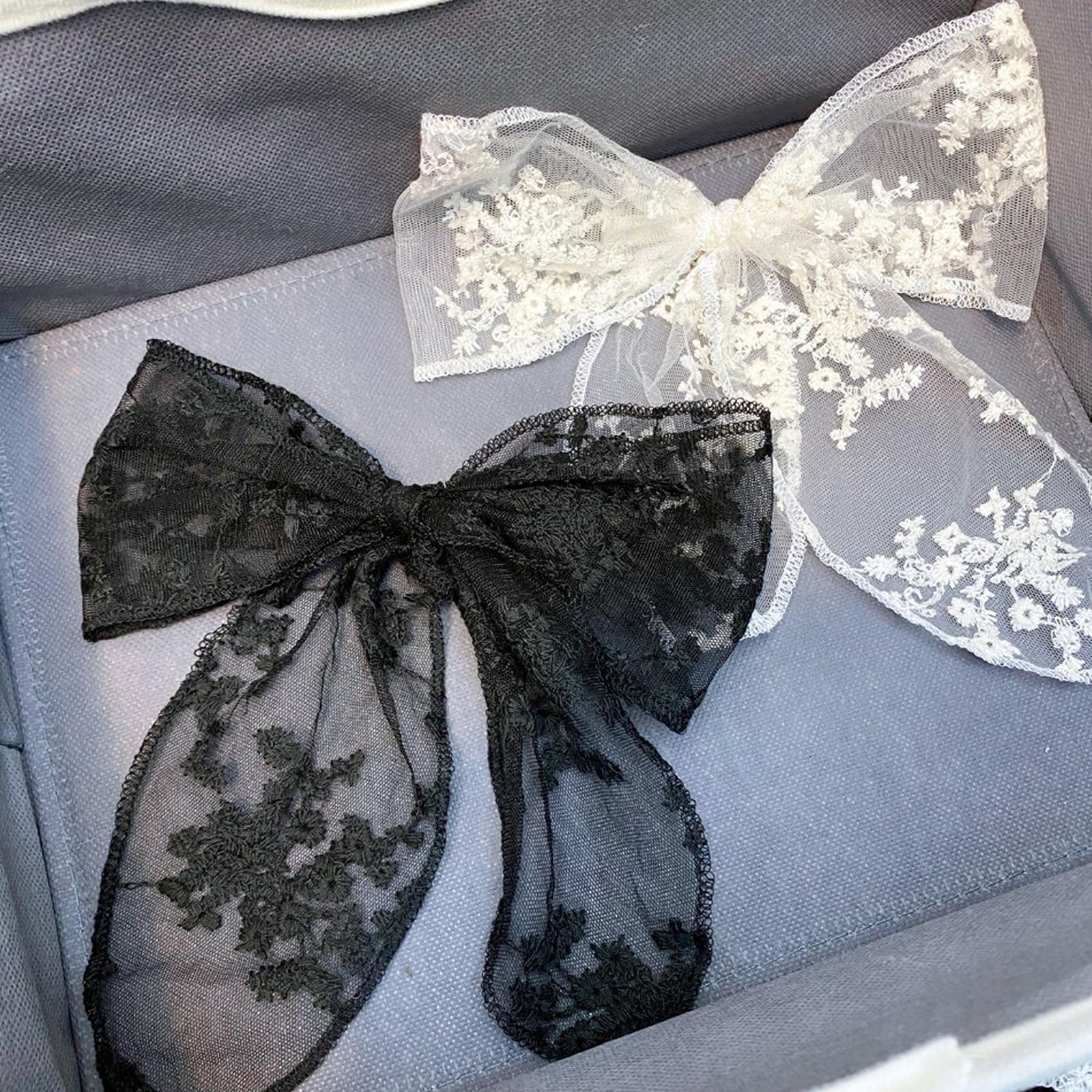 2PCS Large Lace Hair Bow Clips for Women & Girls - Elegant Translucent Mesh Drape Bow Barrettes Hair Accessories (Black+White) - Perfect for Weddings, Parties & Daily Fashion Styling