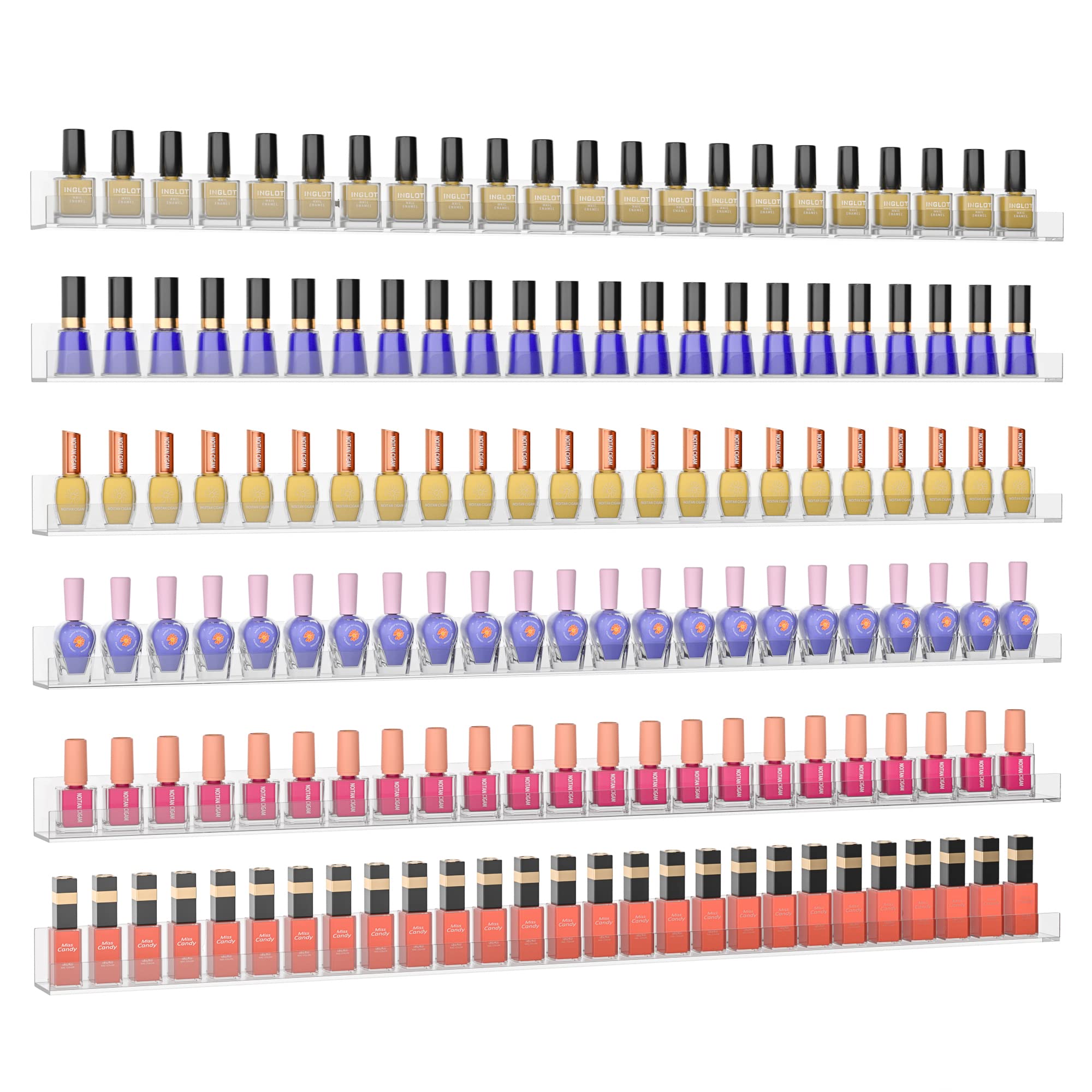Clear Acrylic Nail Polish Rack Shelf for Wall - 32 Inch Nail Polish Organizer Holds 192 Bottles (6 Pack) | Perfect for Salon, Spa, Home Nail Station & Professional Makeup Artists