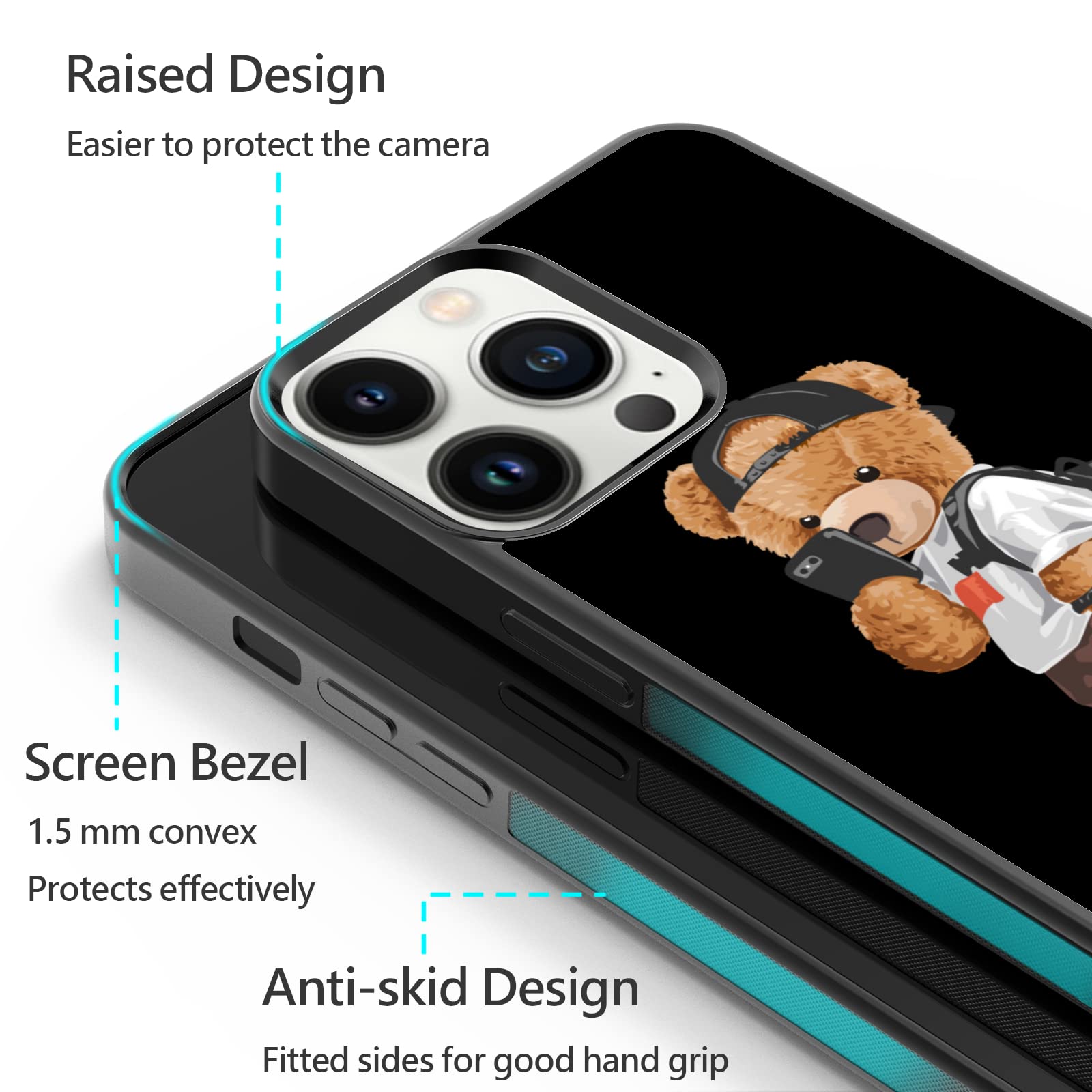 FANXI Cute Bear Shockproof Phone Case for iPhone 13 Pro Max 6.7 Inch - Protective Stylish Cover for Men Women Boys Girls Teens - Perfect for Daily Use, Work, School & Outdoor Activities - Black