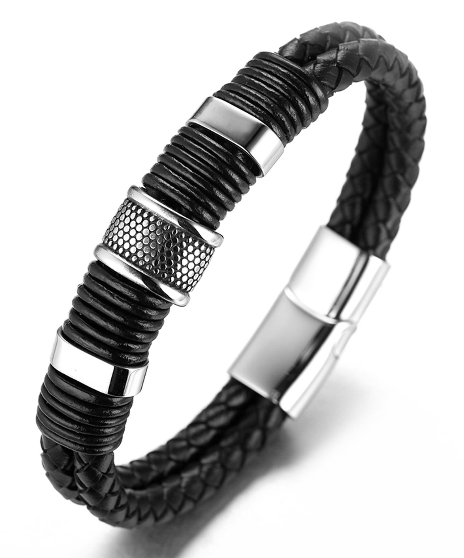 HALUKAKAH Boys Leather Bracelet - Genuine Cowhide Leather with 18k Gold/Platinum Plated Titanium Beads - Adjustable Magnetic Clasp (18-19.5cm) - Perfect Gift for Kids 6-12 Years - Ideal for Birthdays, Christmas & Special Occasions