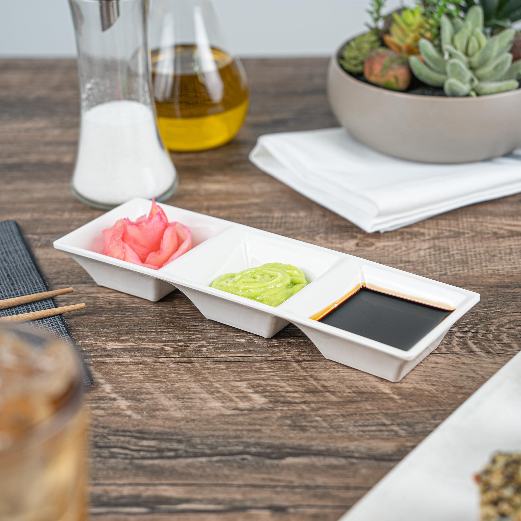 Voga 5 oz Square Melamine Serving Dishes - 3-Compartment Appetizer Plates for Dips, Snacks & Condiments | Party & Event Tableware | Durable White Restaurantware (Set of 10)