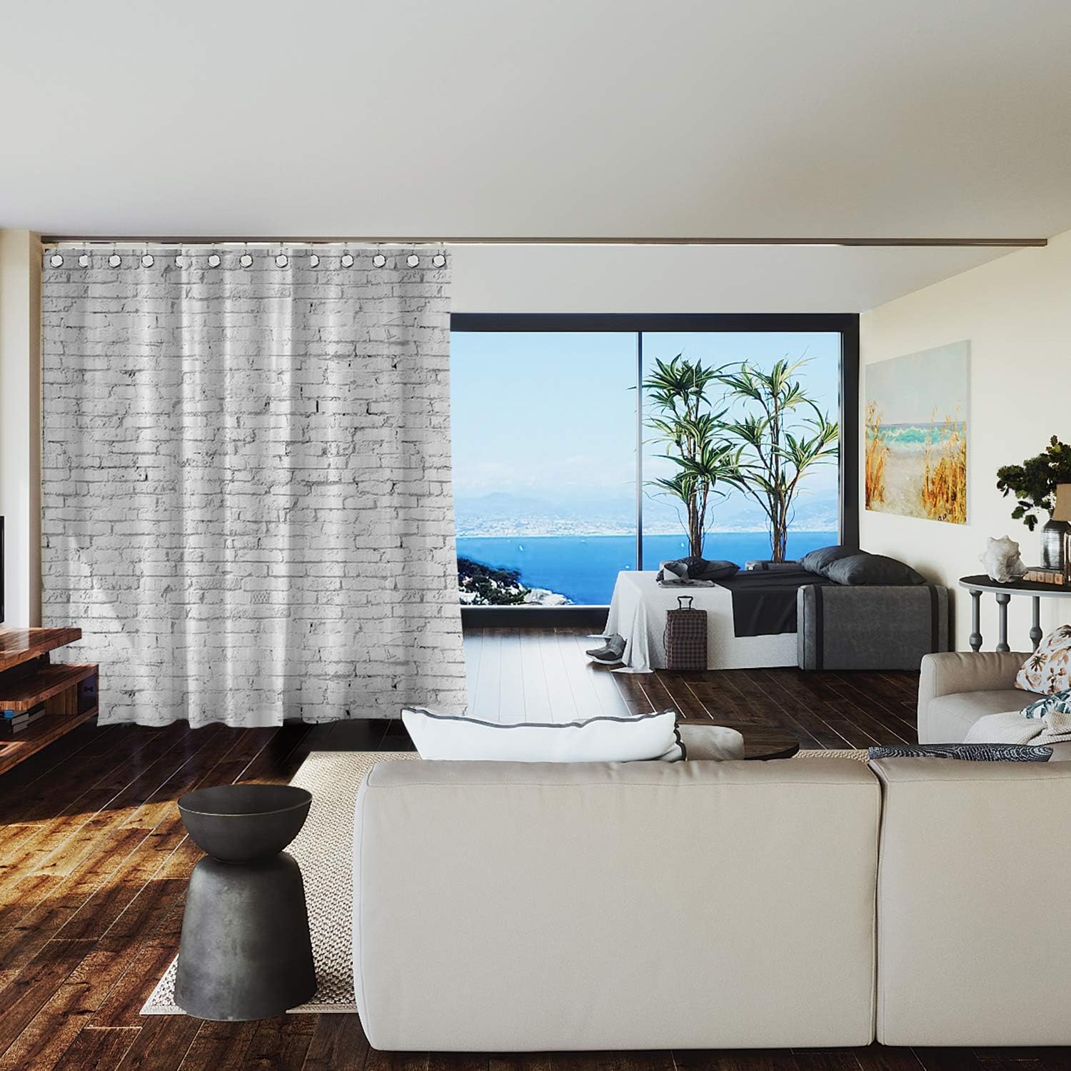 Premium Room Divider Curtain - 8ft Tall x 10ft Wide White Brick Pattern - Privacy Screen for Bedroom, Office, Studio & Dorm Room - Sound Dampening & Space Partition Solution