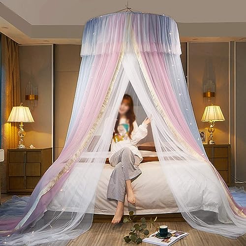 Elegant Pink Mosquito Net Bed Canopy with Built-in Lights - Double Layer Round Dome Princess Bed Netting for Bedroom Decor | Perfect for Girls' Rooms, Nursery Decor & Romantic Bedroom Settings