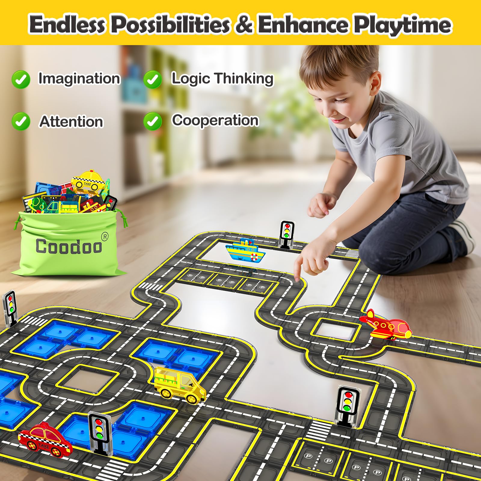 STEM Magnetic Tiles City Road Building Set with Toy Cars - Educational Construction Toys for Kids Ages 3-8 - Creative Learning Gift for Boys & Girls - Perfect for Preschool Playtime & STEM Classroom Activities