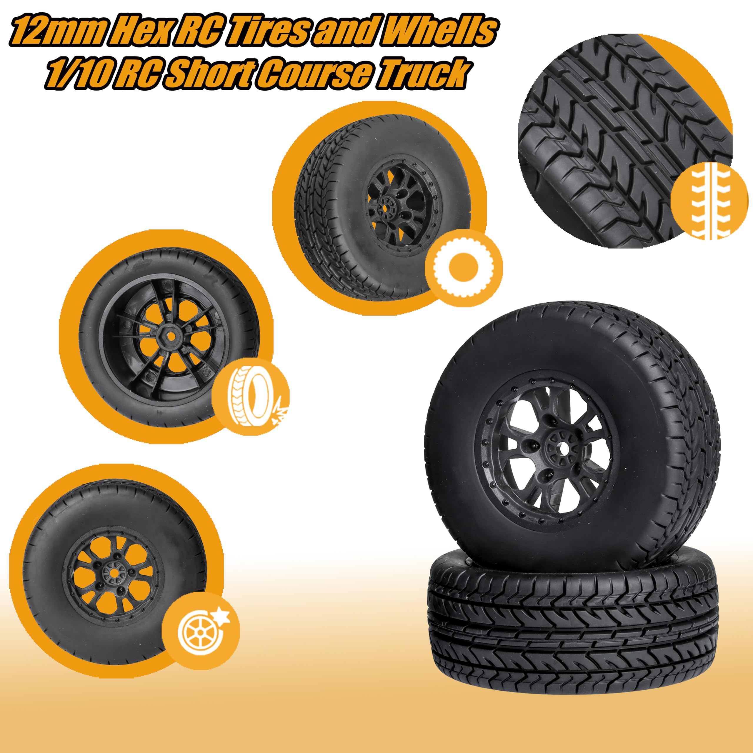 12mm Hex RC Wheels and Tires - 4PCS Pre-Glued 1/10 Scale Short Course Truck Tires & Wheels (4.25