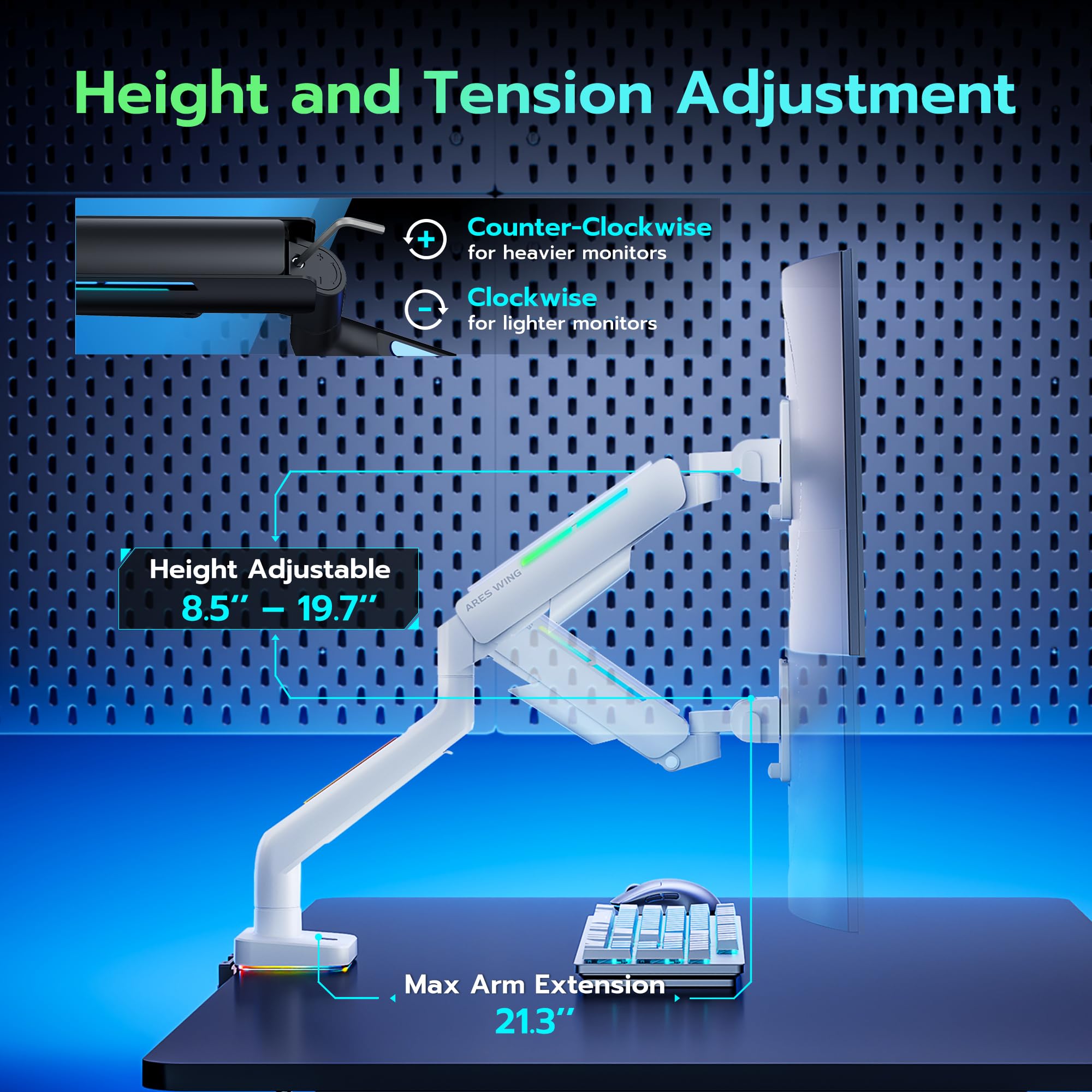 ARES WING White Monitor Arm 49 Inch - Heavy Duty Adjustable Gas Spring Mount for LG Ultrawide Screens up to 44lbs, Clamp & Grommet Desk Mount - Perfect for Home Office, Gaming & Workspace Setup