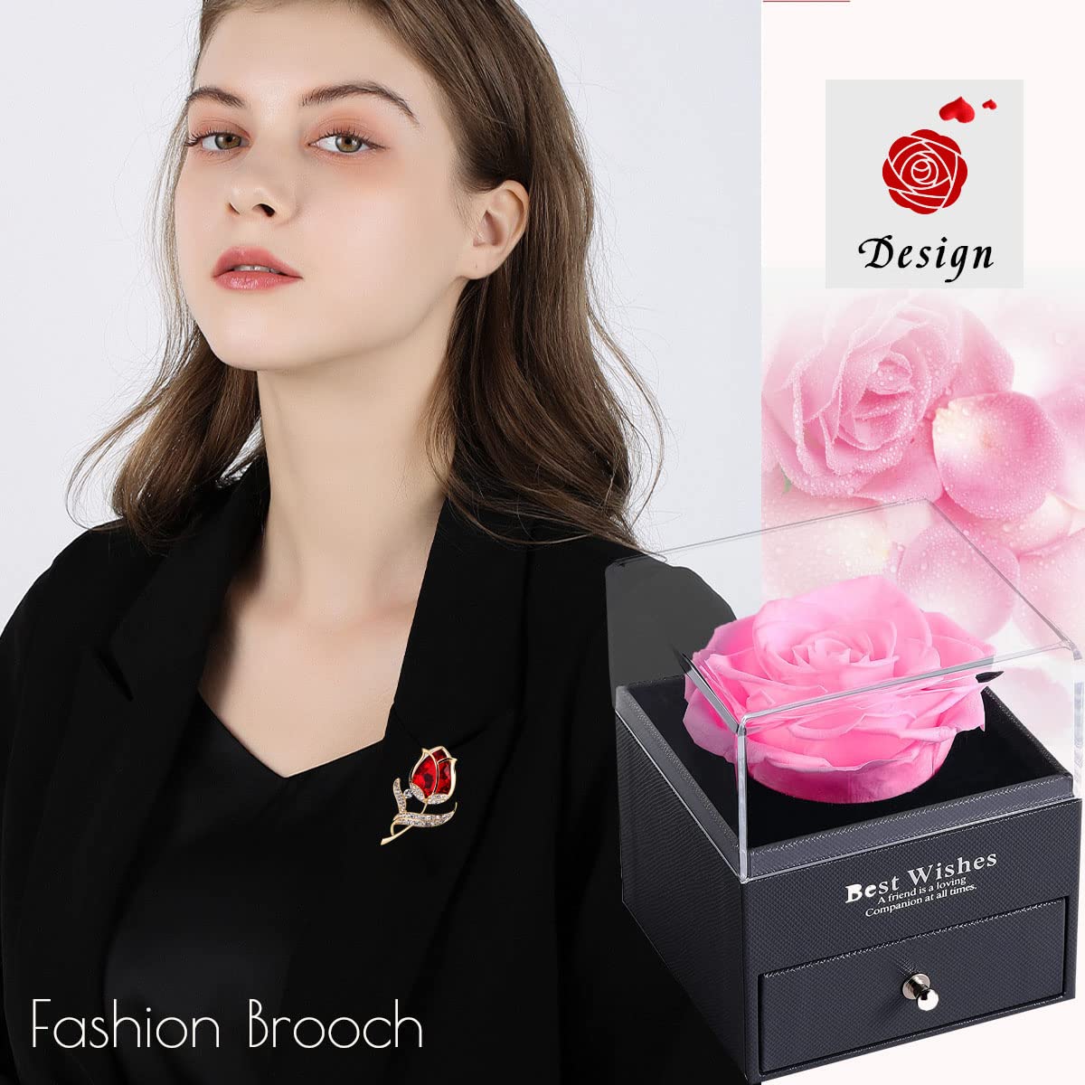 Enchanted Real Rose Jewelry Gift Box with Ruby Rose Brooch - Handmade Eternal Preserved Rose for Women, Wife, Girlfriend, Mom - Perfect for Valentine's Day, Anniversary, Birthday & Mother's Day Gifts - Romantic Keepsake for Special Occasions