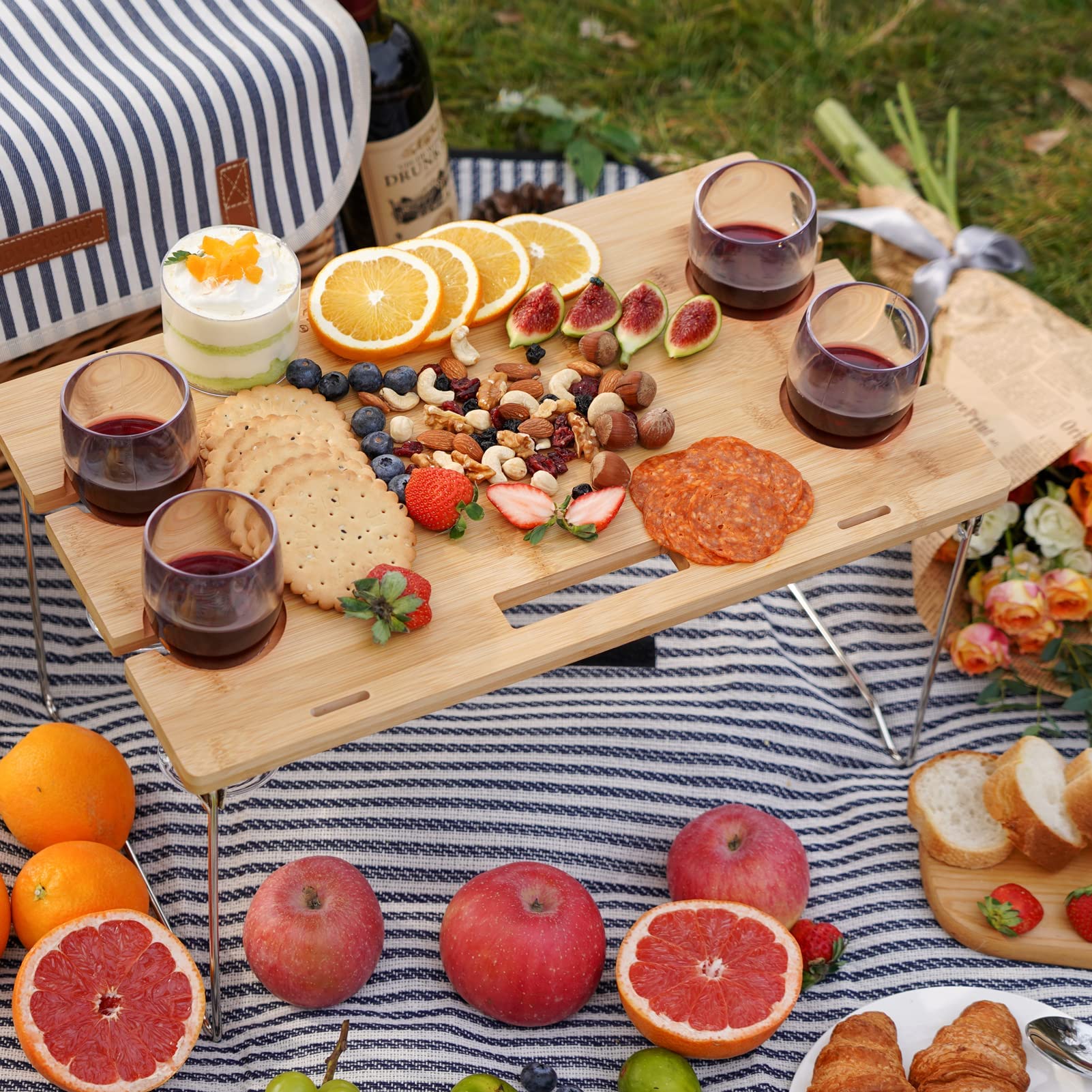 4-Person Wicker Picnic Basket Set with Blanket & Bamboo Wine Table - Portable Willow Hamper for Camping, Beach, Outdoor Parties & Romantic Dates - Perfect Picnic Gift for Couples & Families