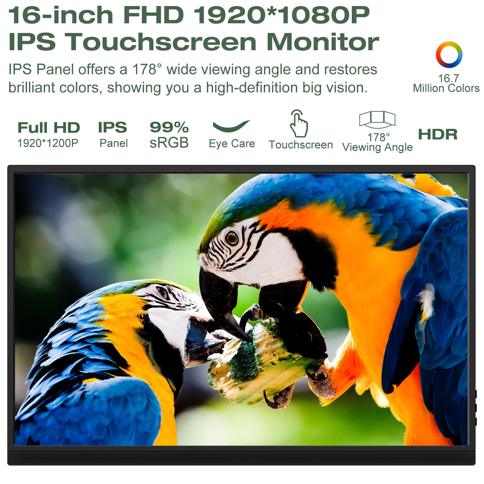 16 Inch Full HD Portable Touchscreen Monitor - 1920x1200P IPS Display with HDMI & USB-C, 300cd/m² Brightness, Built-in Speakers for Laptop, PC, Raspberry Pi - Perfect for Business Travel, Home Office & Gaming