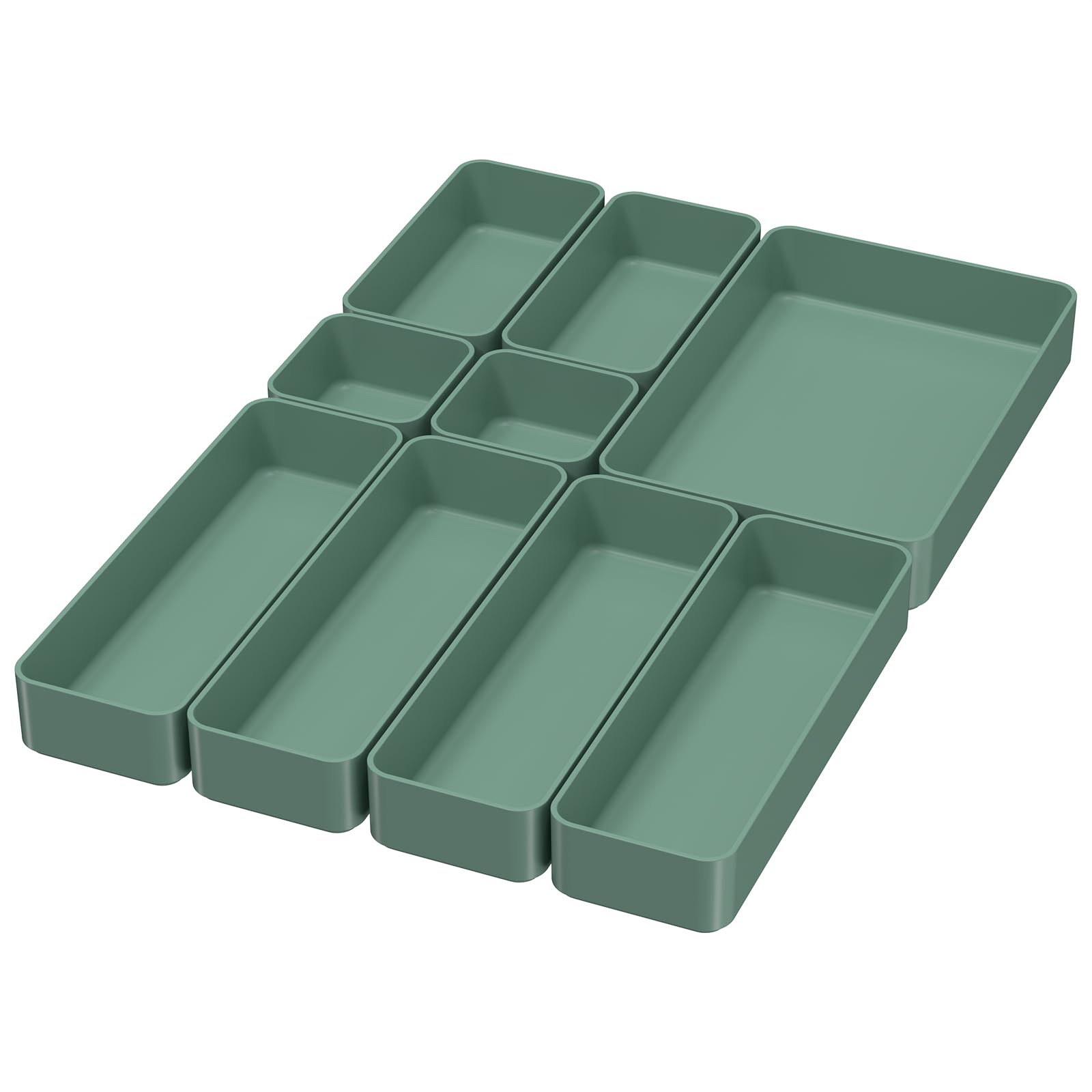 CHANCETSUI 9-Piece Stackable Drawer Organizer Set - Green PET Plastic Storage Trays for Vanity, Bathroom, Kitchen & Office | Space-Saving Multifunctional Drawer Dividers for Home & Work Organization