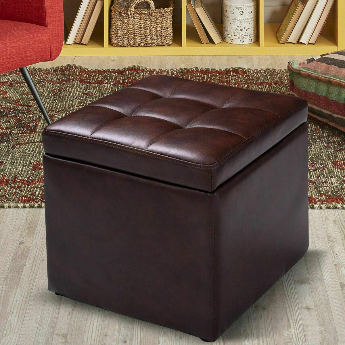 Caraya 16 Inch Brown PU Leather Storage Ottoman Pouffe Footstool - Hinged Lid Cube Box for Living Room, Bedroom & Lounge - Organize Toys, Blankets, Books - Multi-Functional Seat & Storage Solution