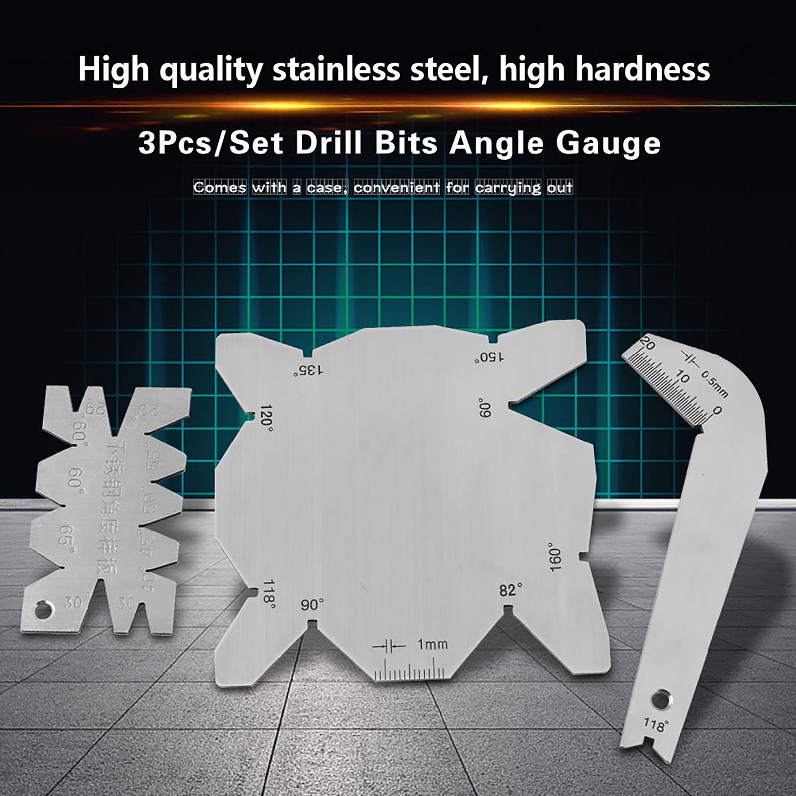 3Pcs/Set Stainless Steel Drill Bit Angle Gauges & Sharpener Tools - Precision Angle Measurement for Drill Bits with Protective Case - Perfect for Woodworking, Metalworking & DIY Home Improvement Projects