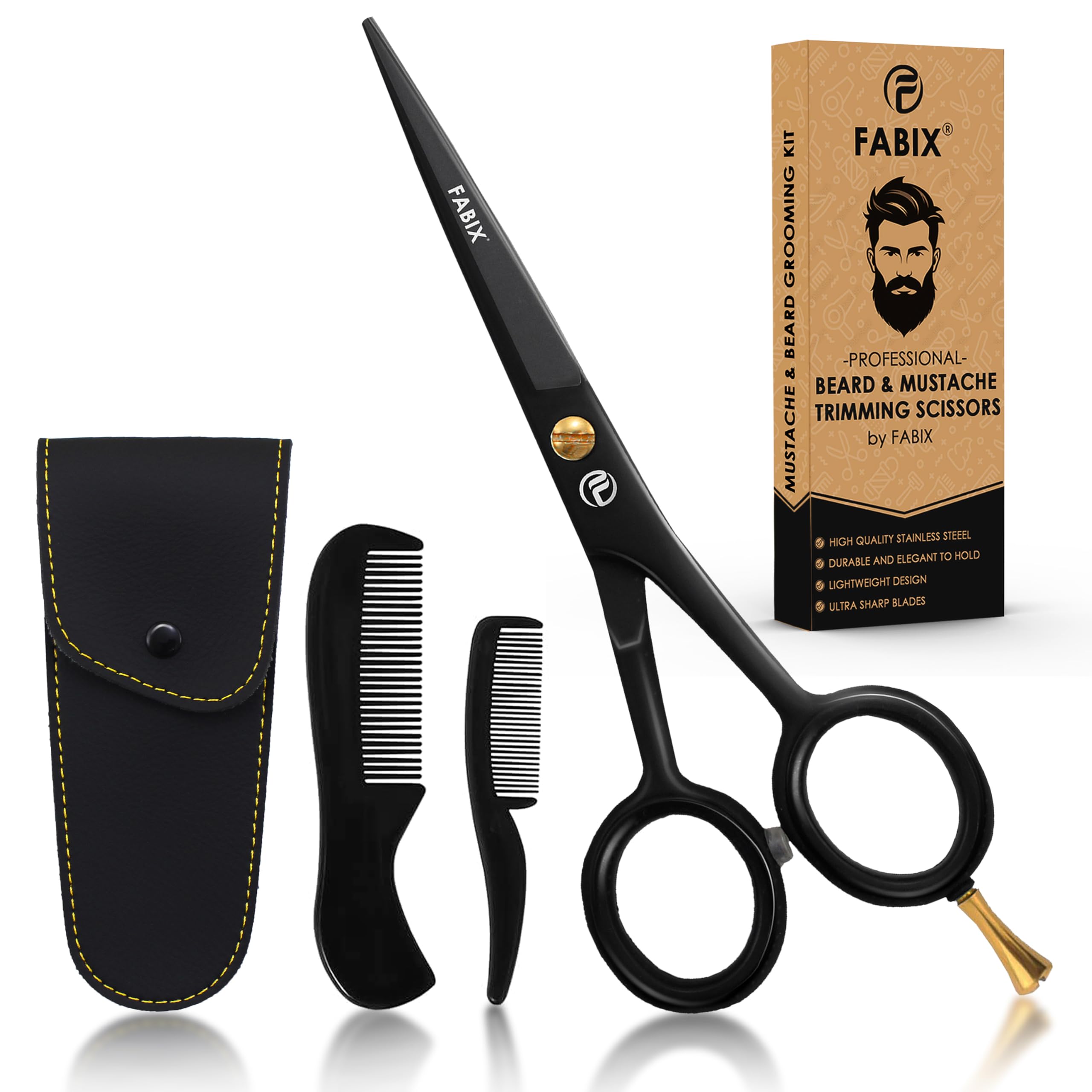 5” Professional Beard & Mustache Scissors Set with Beard Comb, Mustache Comb & Travel Pouch - Precision Grooming Scissors for Men's Facial Hair Care - Ideal for Home, Travel & Salon Use
