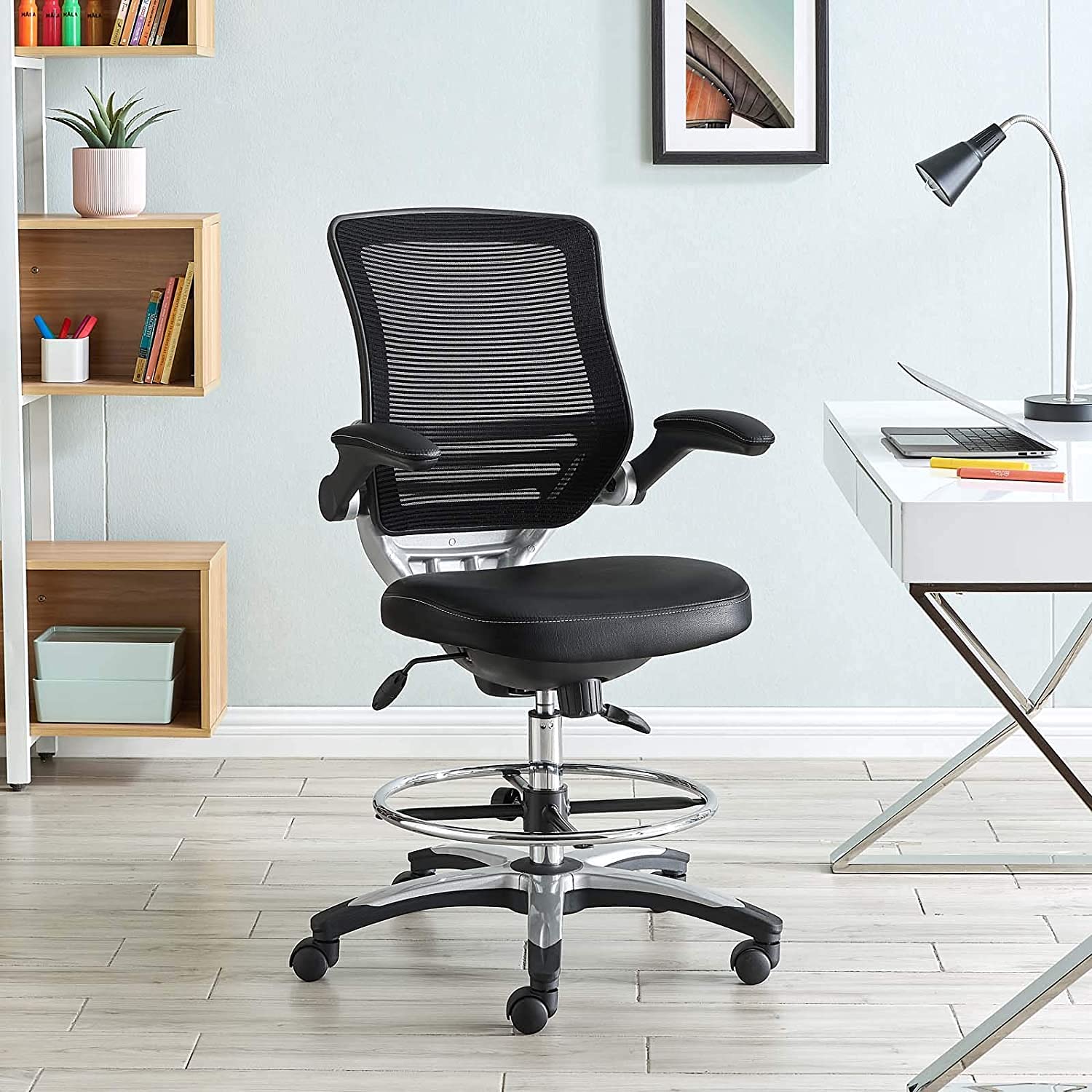 Modway Edge Drafting Chair - Adjustable Height Office Chair with Flip-Up Arms for Reception Desk, Drafting Table & Home Office - Ergonomic Black Task Chair for Professionals & Students