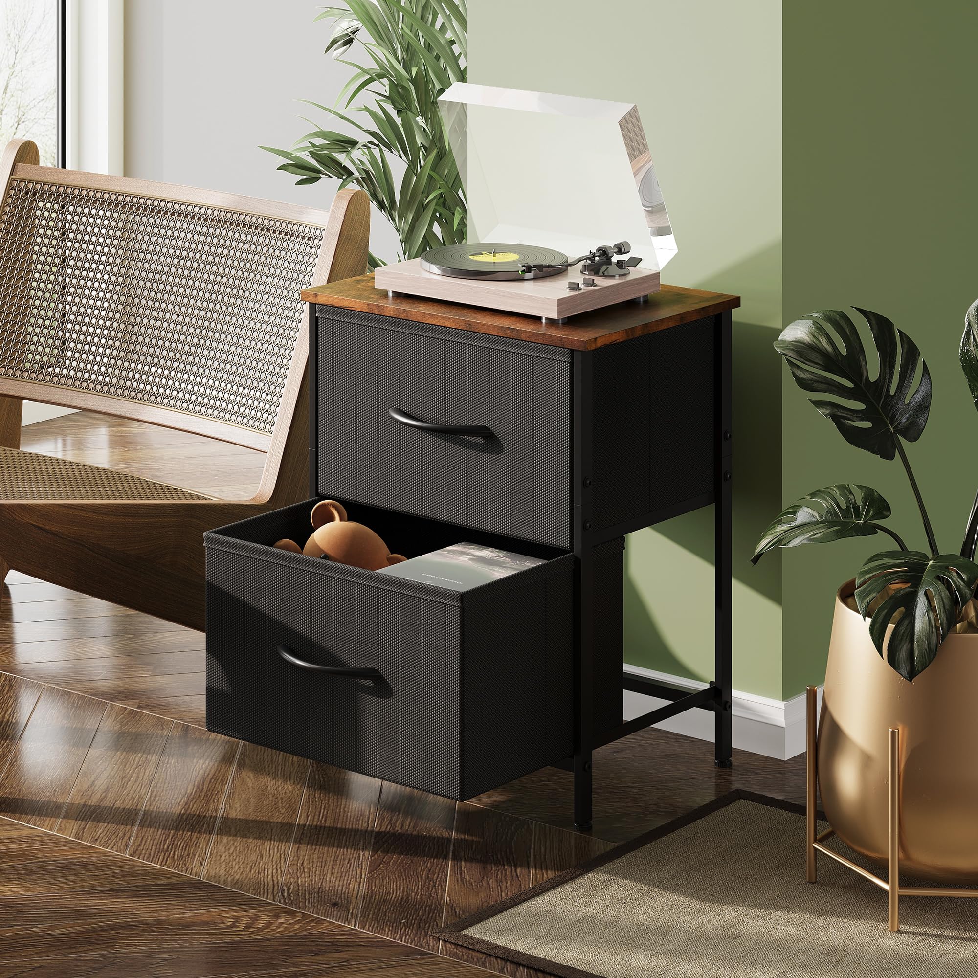 WLIVE 2-Drawer Nightstand Dresser - Small Bedside Table with Fabric Bins for Bedroom, Closet & Entryway - Black & Rustic Brown End Table - Perfect for Bedroom Storage, Living Room Decor & Entryway Organization