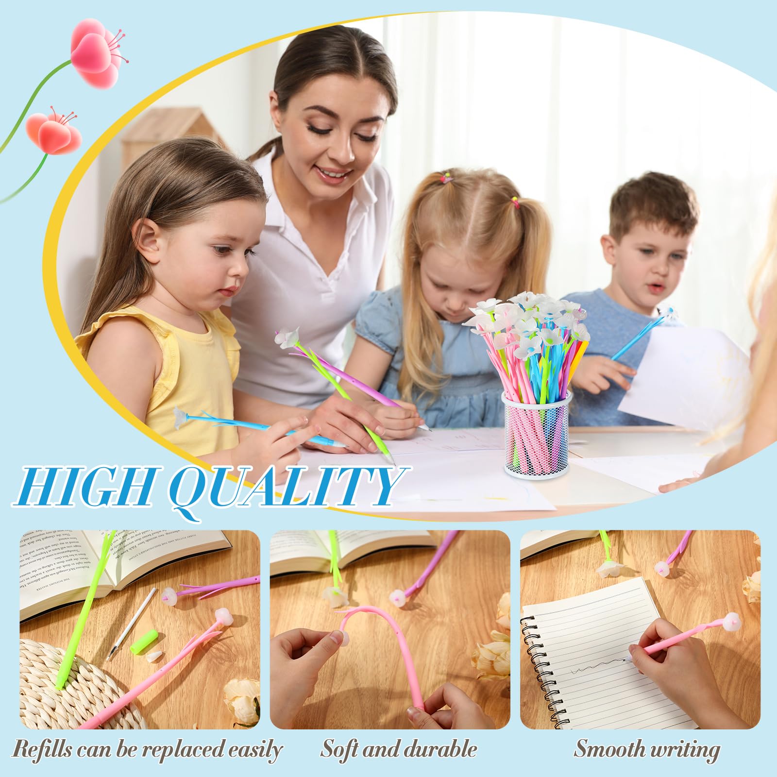 Tinlade 200 Pcs Color Changing Flower Gel Pens - 0.5mm Black Ink Bulk Pack | Cute Kawaii Ballpoint Pens for Kids, Office & School Supplies | Creative Mother's Day Gifts & Student Party Favors | Perfect for Note-Taking, Art Projects & Classroom Rewards