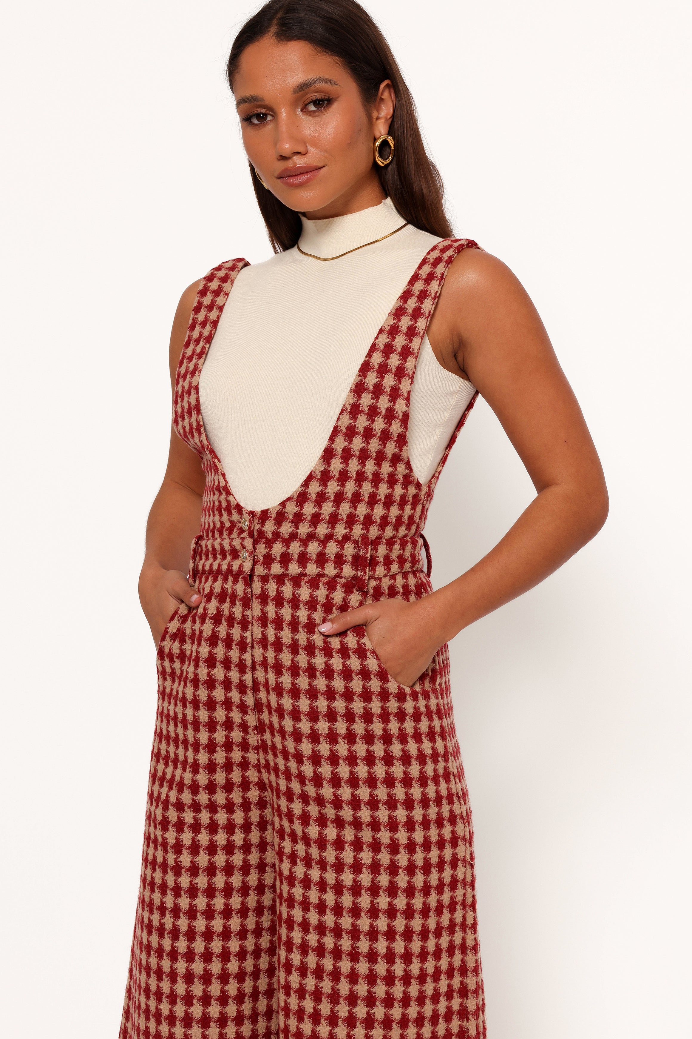 Jackson Jumpsuit for Women - Dark Red Houndstooth Pattern One Piece Romper | Casual Outfit for Party, Date Night & Everyday Wear