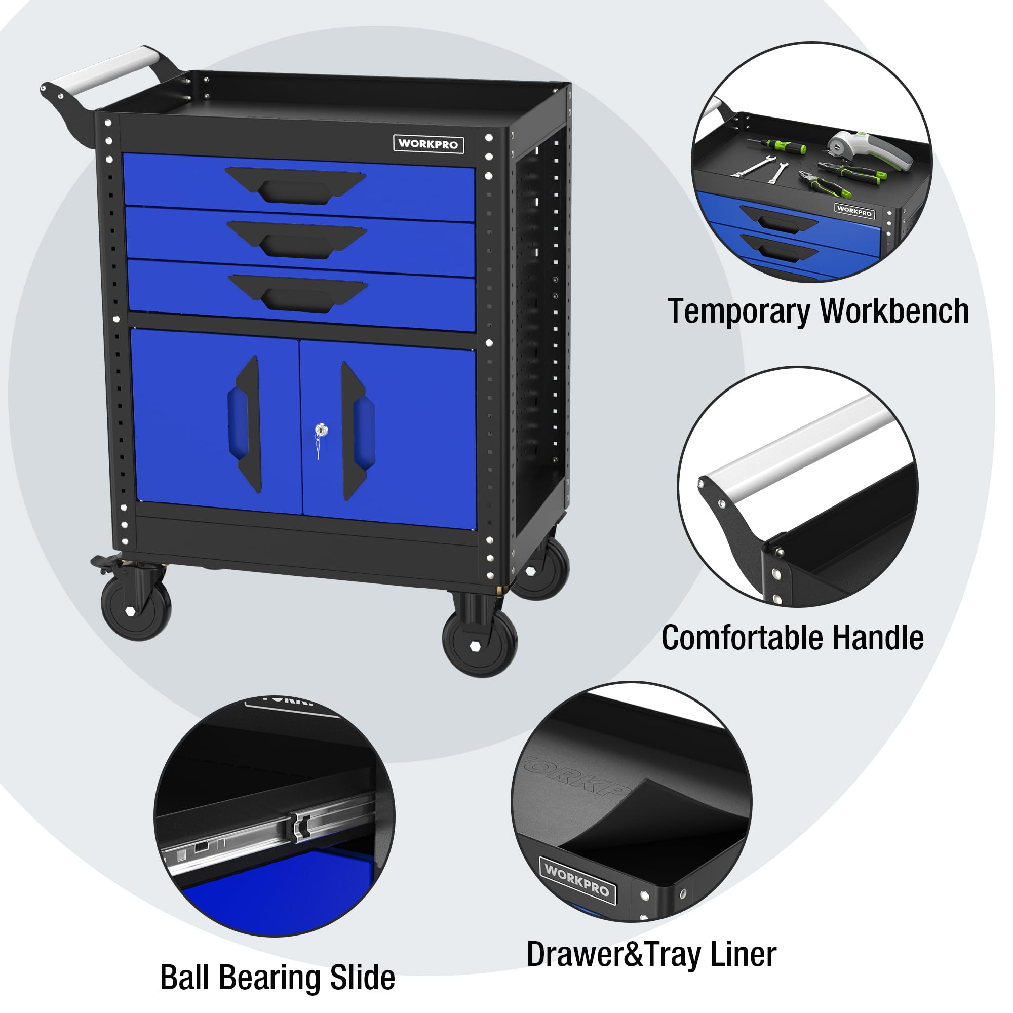 WORKPRO 27.5 Inch 3-Drawer Rolling Tool Chest with Wheels - Heavy Duty Steel Tool Cabinet with Drawers, Liners & Locking System - Portable Tool Storage for Garage, Workshop, Warehouse & Home Use (Black & Blue)