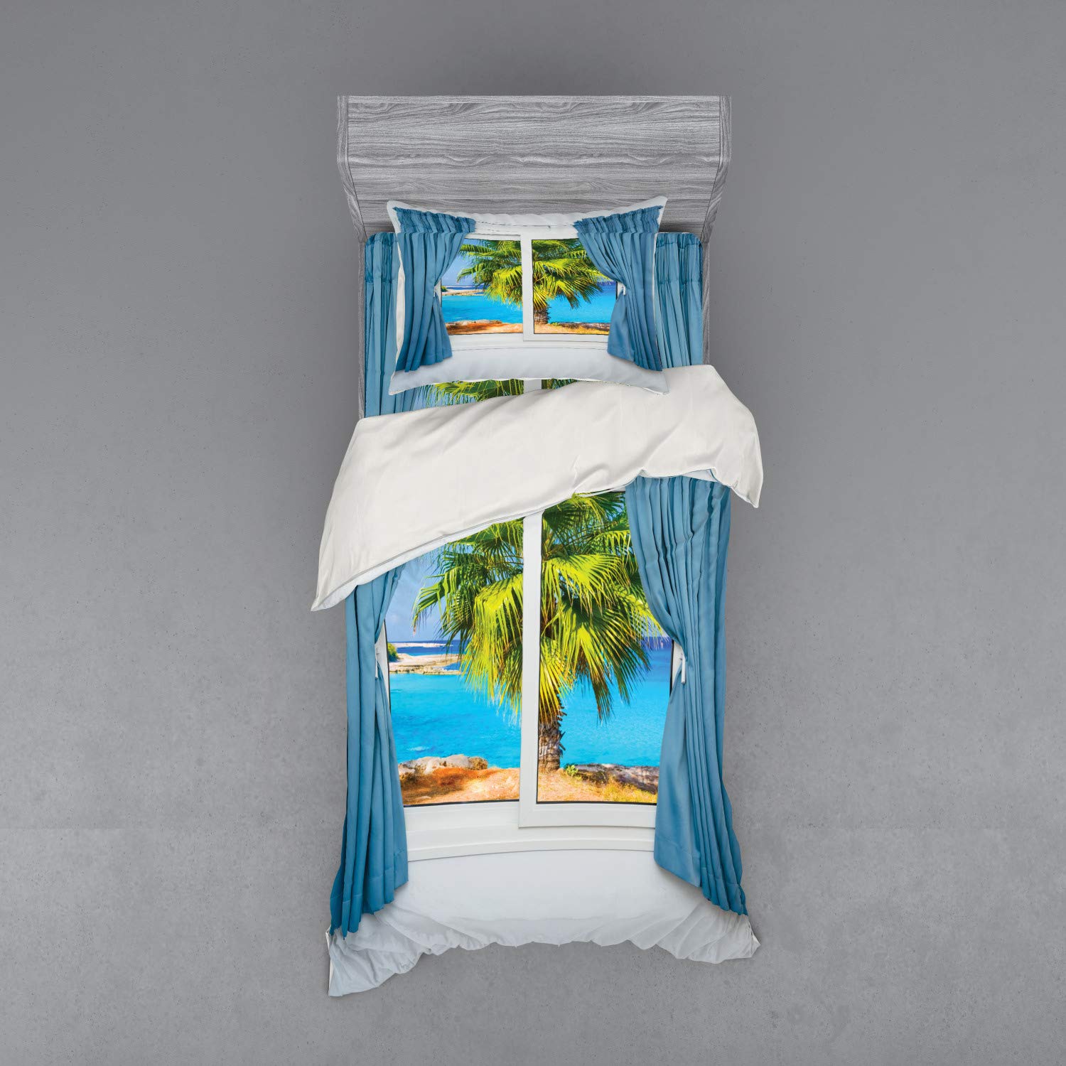 Ambesonne Tropical Beach Duvet Cover Set - 3 Piece Twin Size Bedding with Window View Ocean Palm Print in Blue Green | Perfect for Coastal Bedroom Decor & Vacation Home Styling