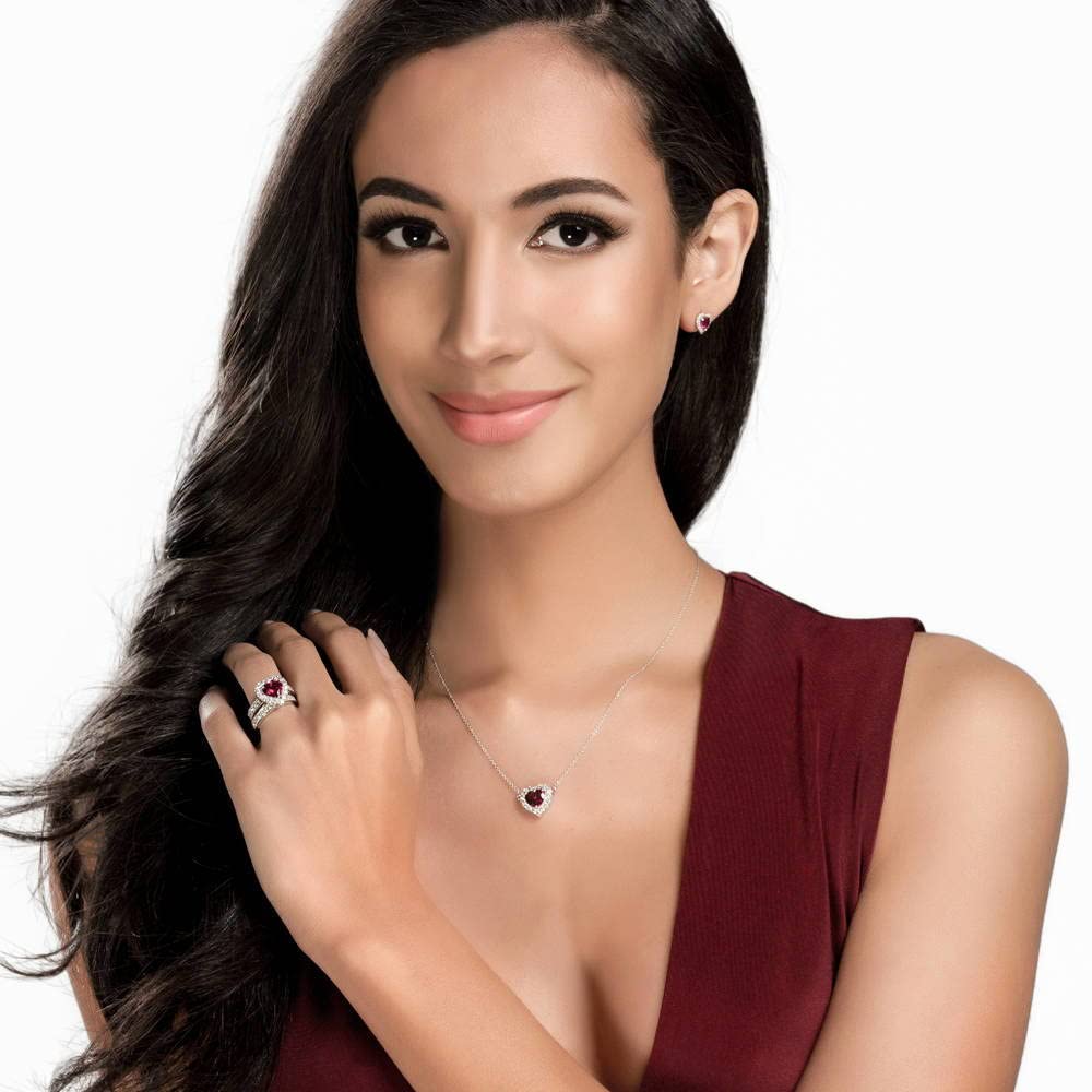 Sterling Silver Halo Engagement Ring with Heart-Shaped Simulated Ruby & Cubic Zirconia - Women's Wedding Jewelry Set (Size 4-10, Rhodium Plated) - Perfect for Proposals, Anniversaries & Romantic Gifts