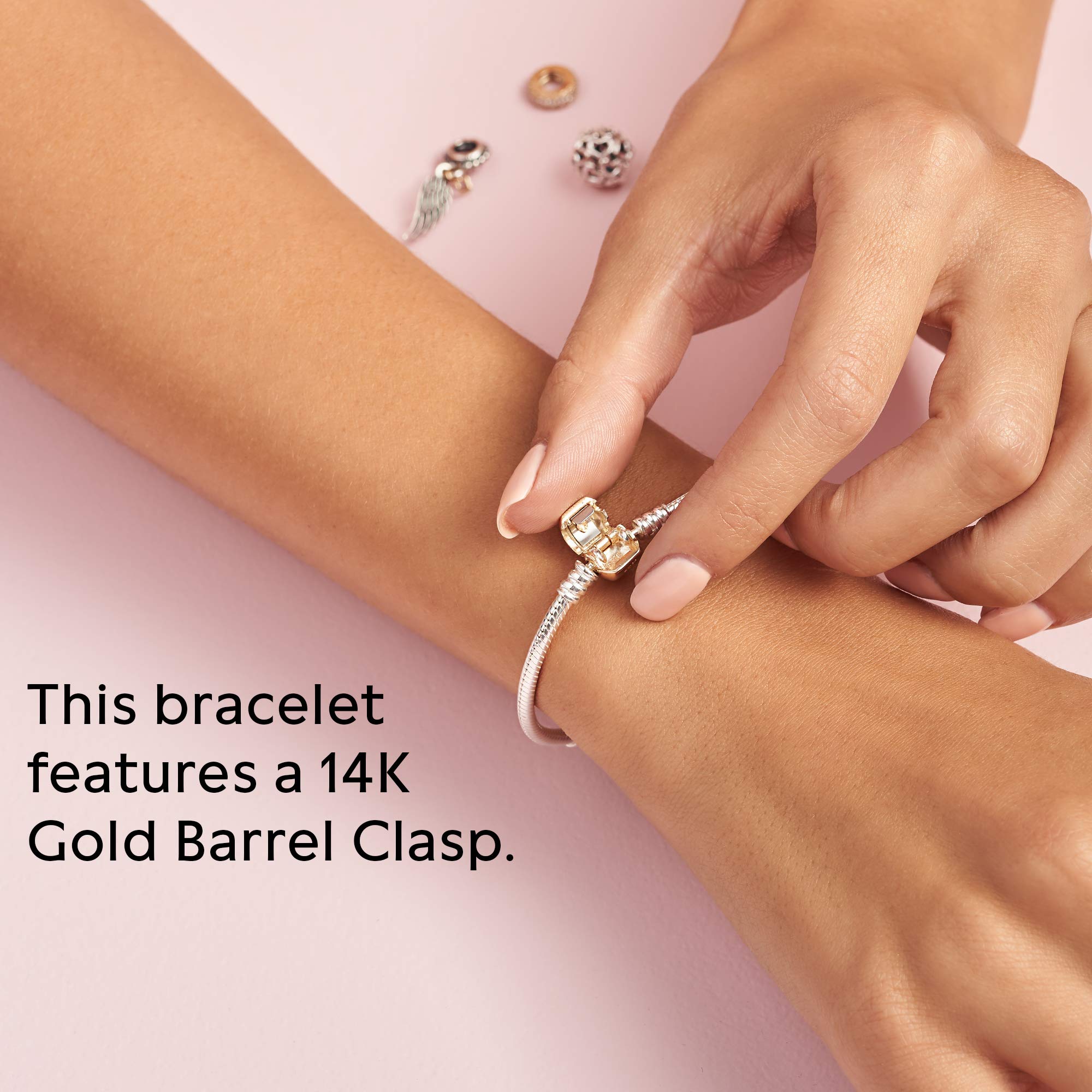 Pandora Logo Barrel Clasp Snake Chain Bracelet for Women - Two-Tone Sterling Silver & Gold Charm Bracelet - Compatible with Moments Charms - 7.5 Inch Adjustable - Perfect Gift for Her - Birthday, Anniversary, Valentine's Day Jewelry Present