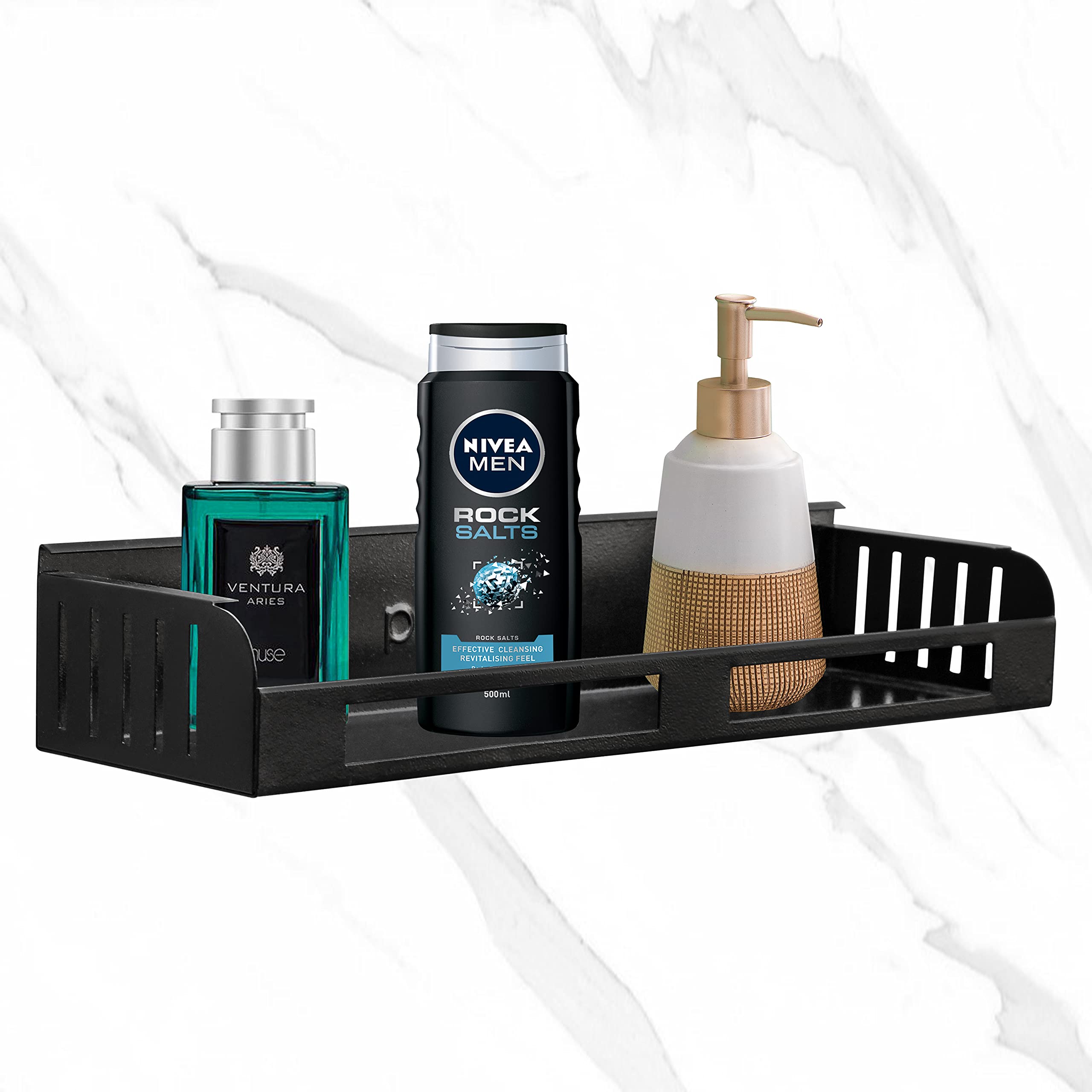Plantex GI Metal Bathroom Shelf & Kitchen Organizer Rack - 14 x 5 Inches, Black | Space-Saving Storage Solution for Bathroom Accessories & Kitchen Utensils