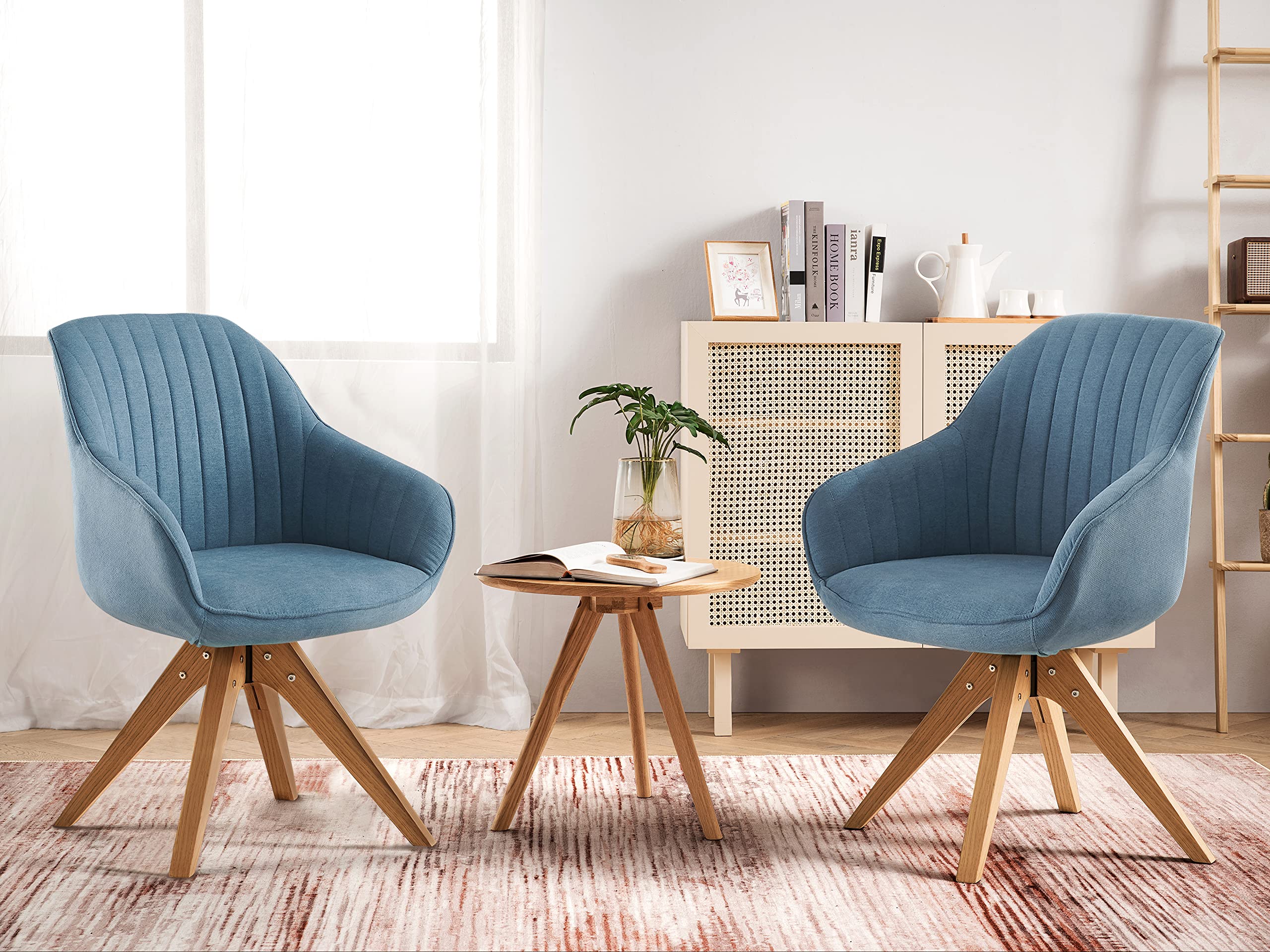 Art Leon Set of 2 Mid Century Modern Swivel Dining Chairs - Blue Fabric Upholstered Armchairs with Wooden Legs for Dining Room & Living Room - Perfect for Small Spaces & Home Offices