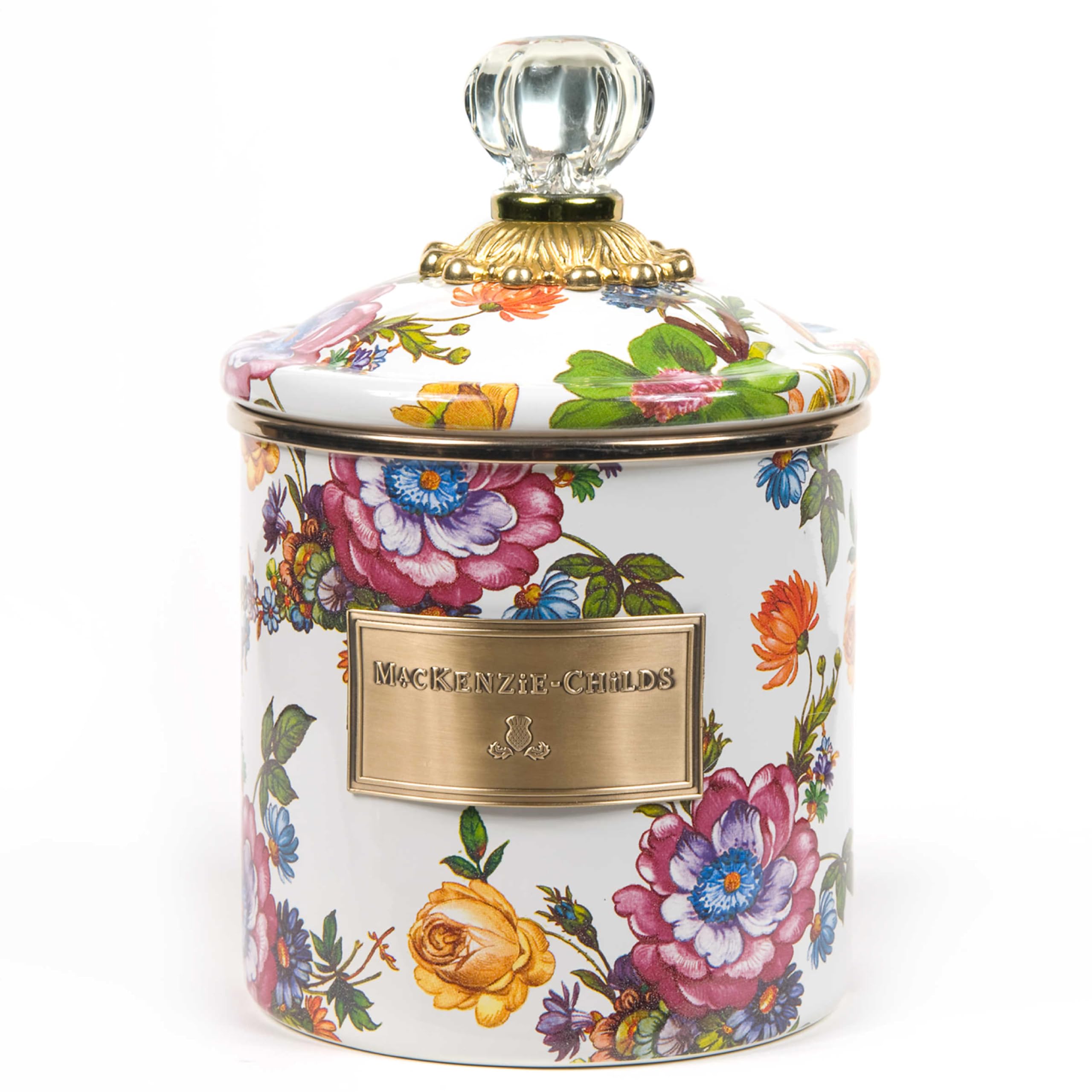 MACKENZIE-CHILDS Small Enamel Canister Set - 1.13L Kitchen Storage Containers for Flour, Sugar, Coffee & Tea | Airtight Food Canisters with Vintage Floral Design (White Flower Market) | Perfect for Pantry Organization & Farmhouse Style Kitchens