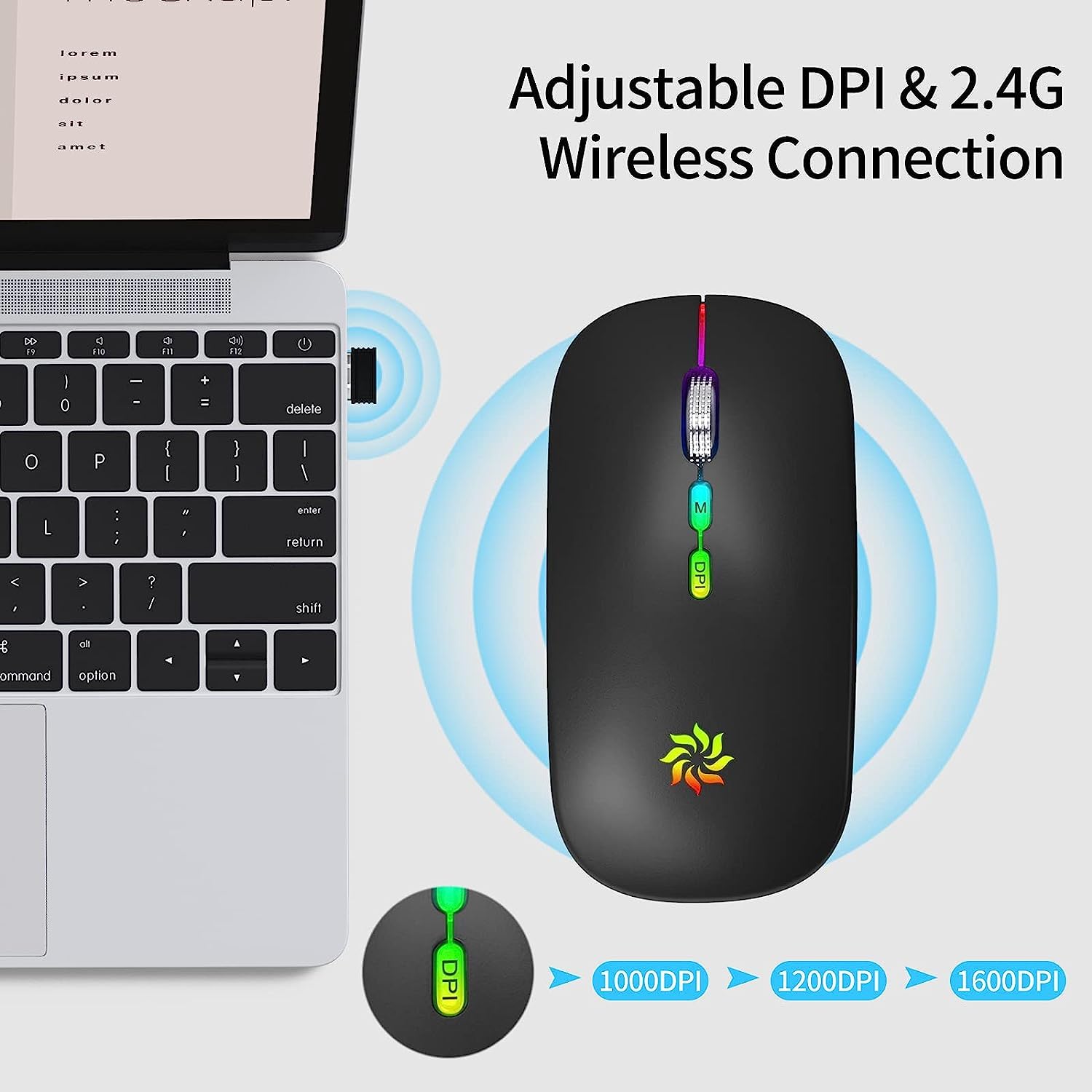 KBCASE Slim Silent Wireless Mouse - 2.4G Rechargeable LED Mouse for Laptop, MacBook, iPad, Chromebook - Includes USB & Type-C Receiver for Home, Office, and Travel Use