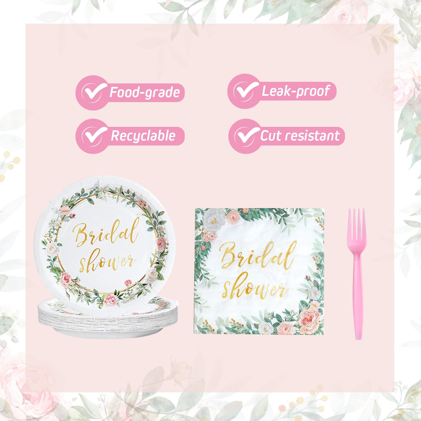 Elegant Pink & Gold Floral Bridal Shower Tableware Set - 24-Piece Disposable Plates, Dessert Plates, Napkins & Forks for Bachelorette Party Decorations | Perfect for Wedding Showers, Engagement Parties & Bridal Celebrations
