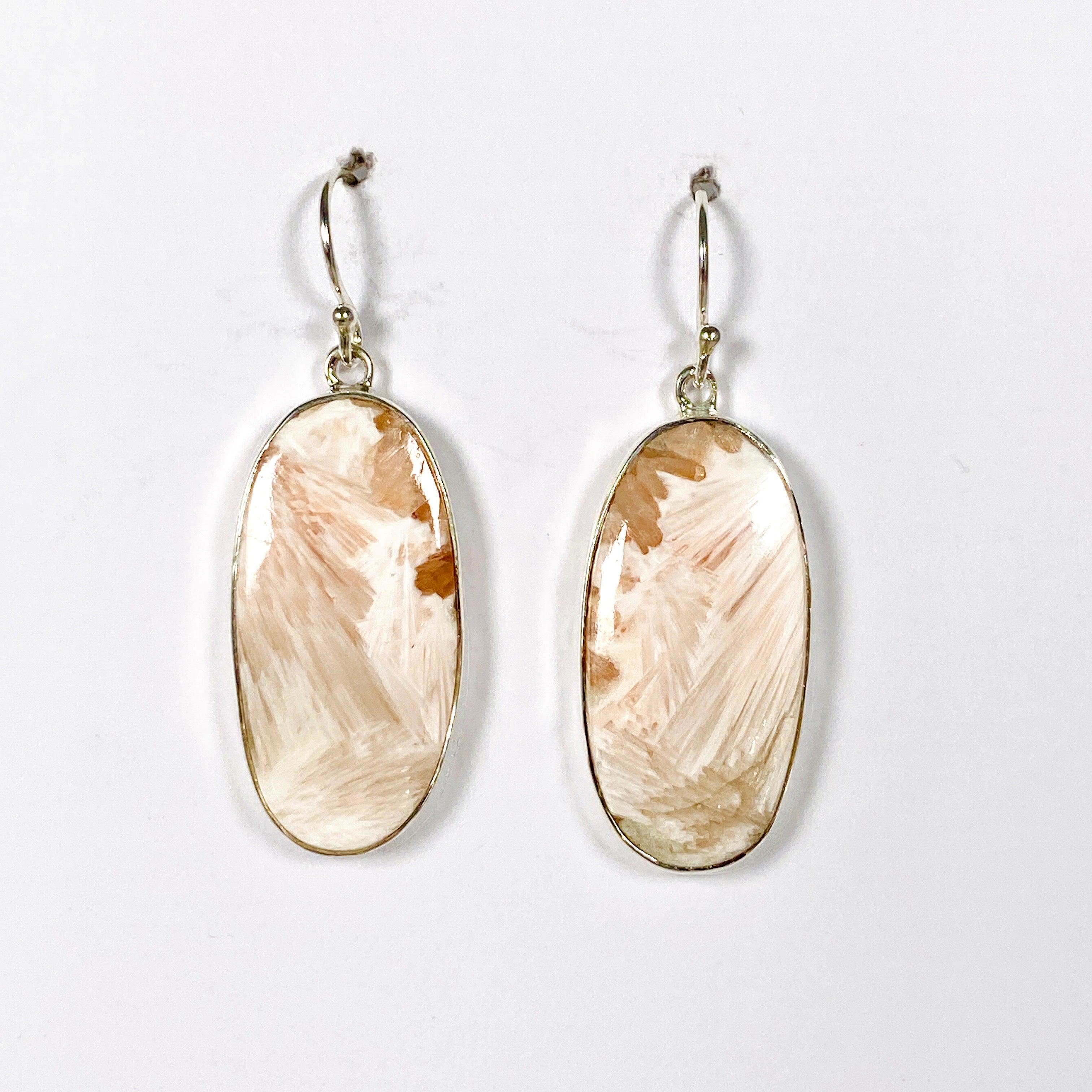 Natural Scolecite Oval Earrings KEGJ1323 - Healing Crystal Jewelry for Meditation, Yoga & Spiritual Balance