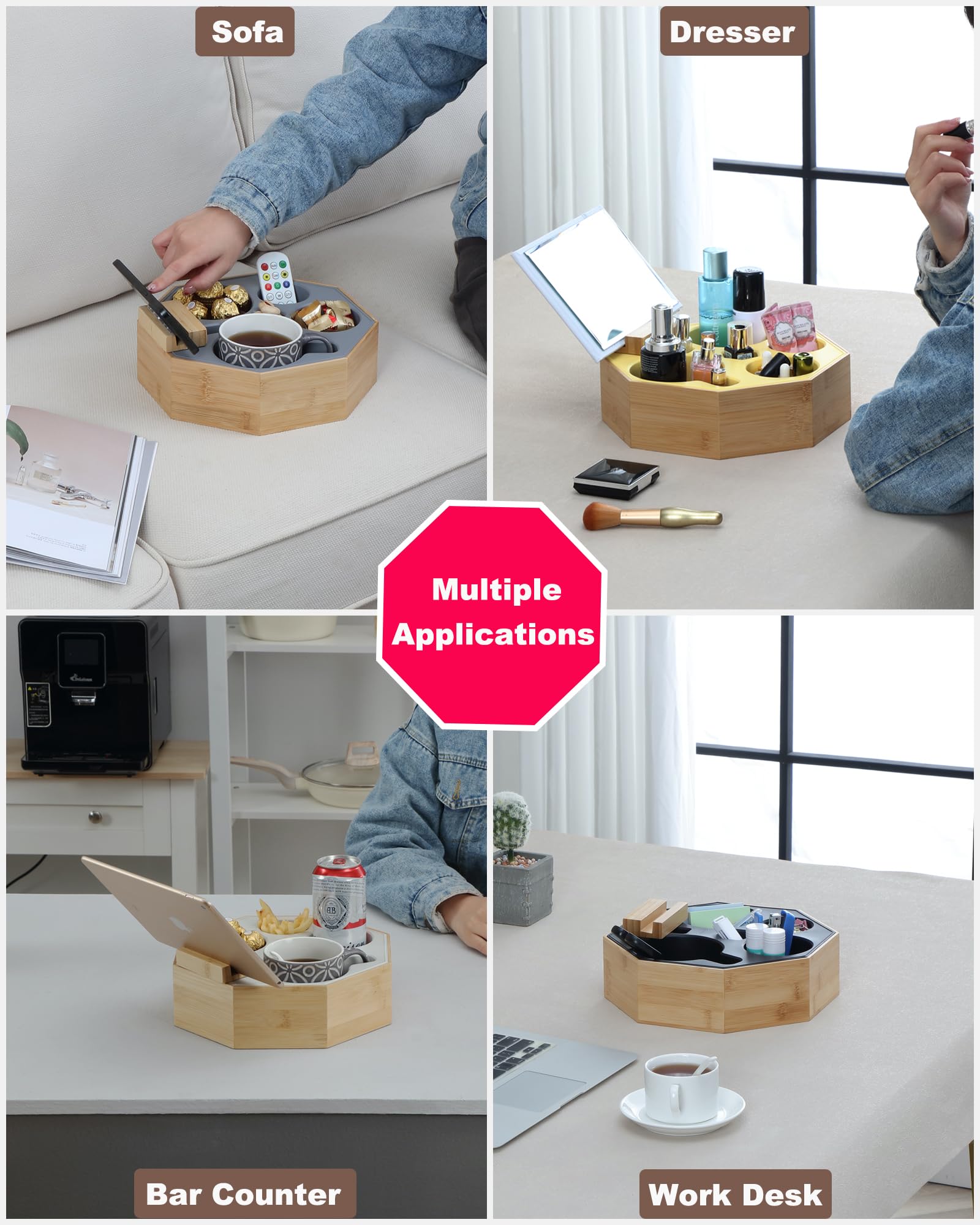 Hitseon Octagonal Silicone Bamboo Sofa Cup Holder with Rotatable Phone Stand - Waterproof Anti-Spill Couch Tray for Drinks, Snacks & Remote Control - Perfect for Living Room, Bedroom, Car & Office (Black)