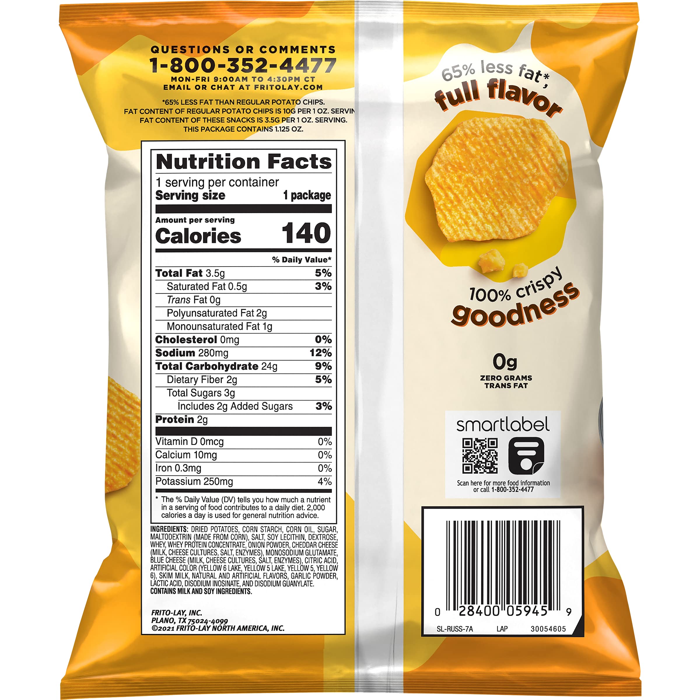 RUFFLES Oven Baked Cheddar & Sour Cream Flavored Potato Crisps - 1.125oz (64 Pack) | Crunchy Snacks for Parties, Lunch Boxes & On-The-Go | Gluten Free Chips for Kids & Adults