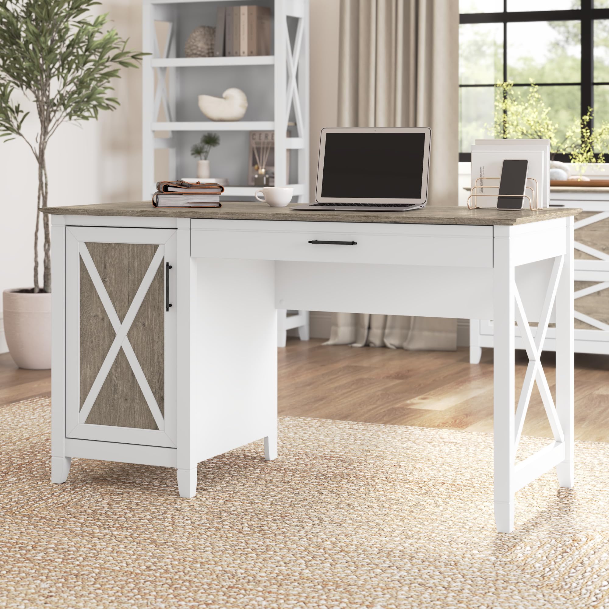 Bush Furniture Key West Computer Desk with Storage - Farmhouse Style PC Table for Home Office in Pure White & Shiplap Gray, 54