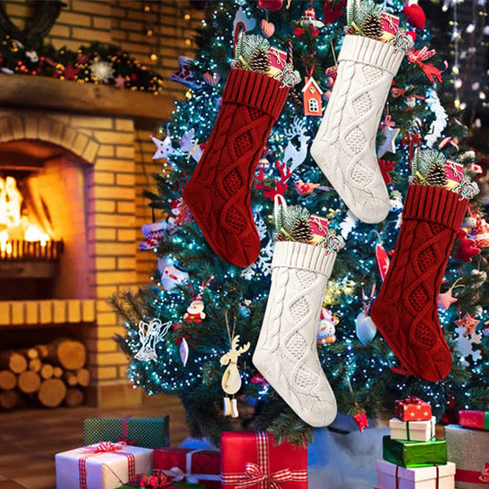 Yifanplus 4 Pack 18 Inch Large Knit Christmas Stockings - Classic White & Ivory Cable Knitted Holiday Stocking Decor for Family, Xmas Party & Fireplace Mantel Decorations