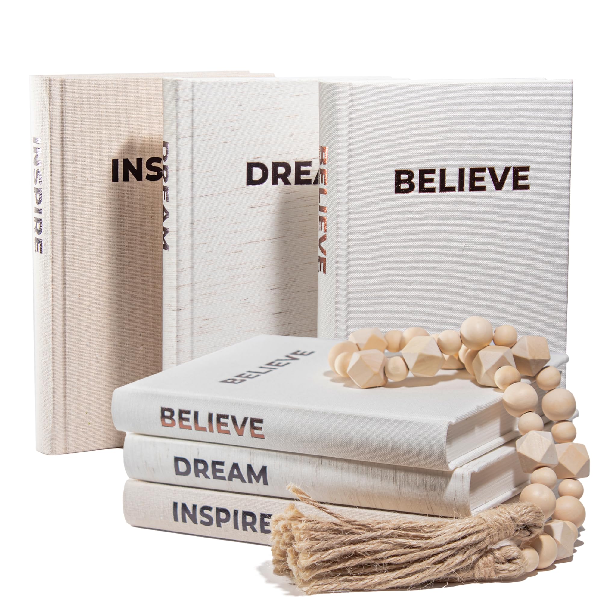 Decorative Books for Home Decor - Set of 3 Linen Cover Books with Inspirational Foil-Stamped Designs, Blank Pages & Hemp Rope Accents - Perfect for Bookshelf Styling, Coffee Table Decor, and Farmhouse Interior Design (Beige)