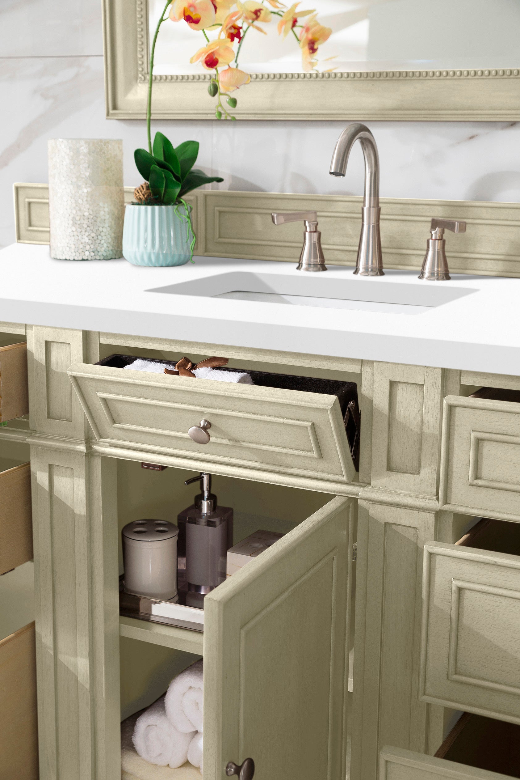 Bristol 60 Inch Single Bathroom Vanity Set with 3CM White Zeus Quartz Countertop - Vintage Vanilla Finish for Classic & Modern Bathrooms | Perfect for Master Bath, Guest Bath & Powder Room Remodels