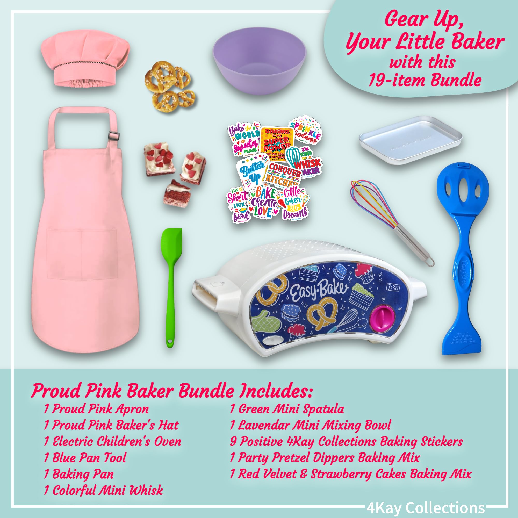 Ultimate Kids Baking Oven Set with 19-Piece Accessories - Mini Oven, 2 Cake Mixes, Apron, Chef Hat, Mixing Bowl, Spatula, Whisk, 9 Stickers, Baking Pan & Tools (Pink Baker Bundle) - Perfect for Pretend Play, Birthday Gifts & STEM Learning