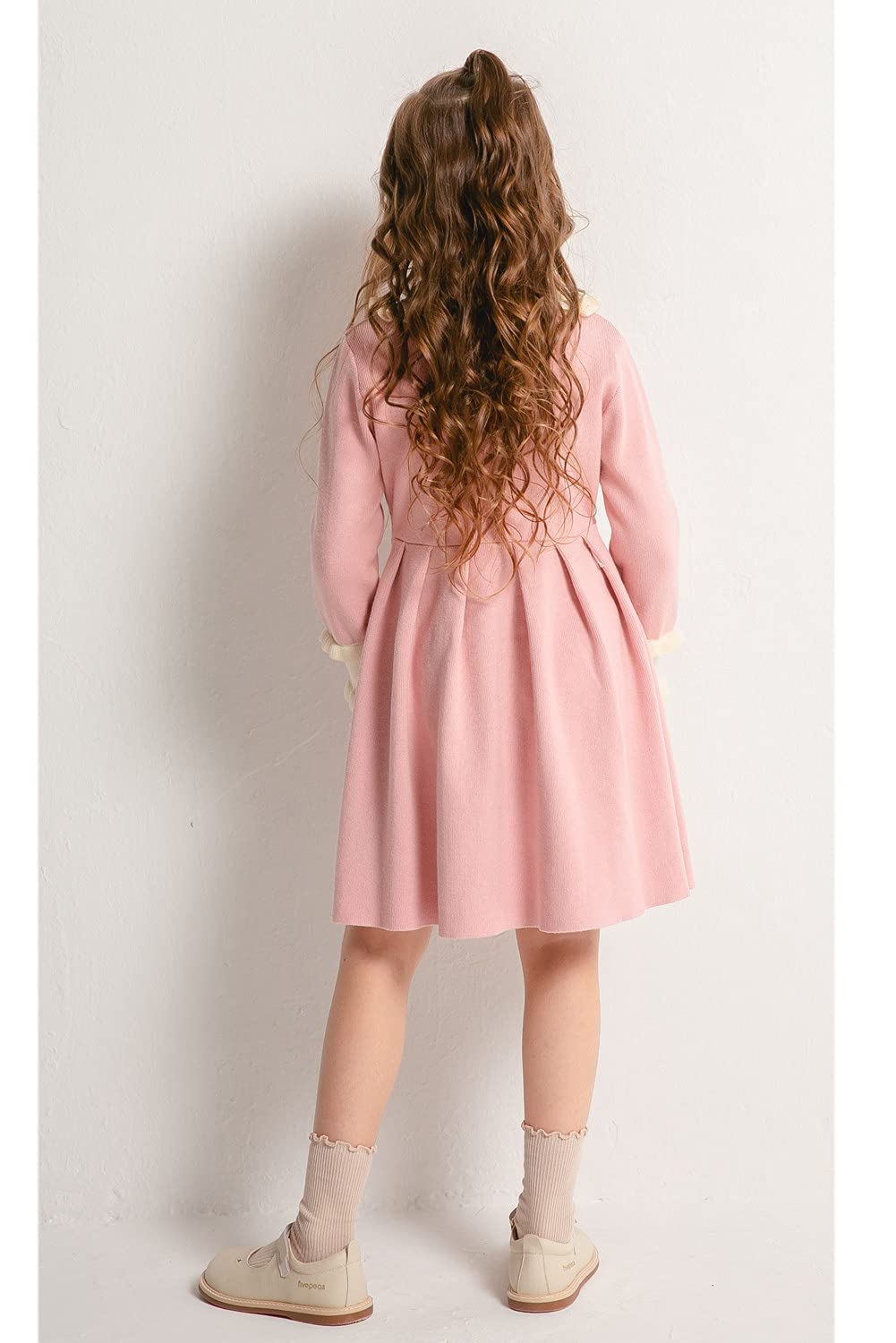 SMILING PINKER Girls' Ruffle Peter Pan Collar Knit Dress - Long Sleeve Pleated Sweater Dress for School, Parties & Special Occasions