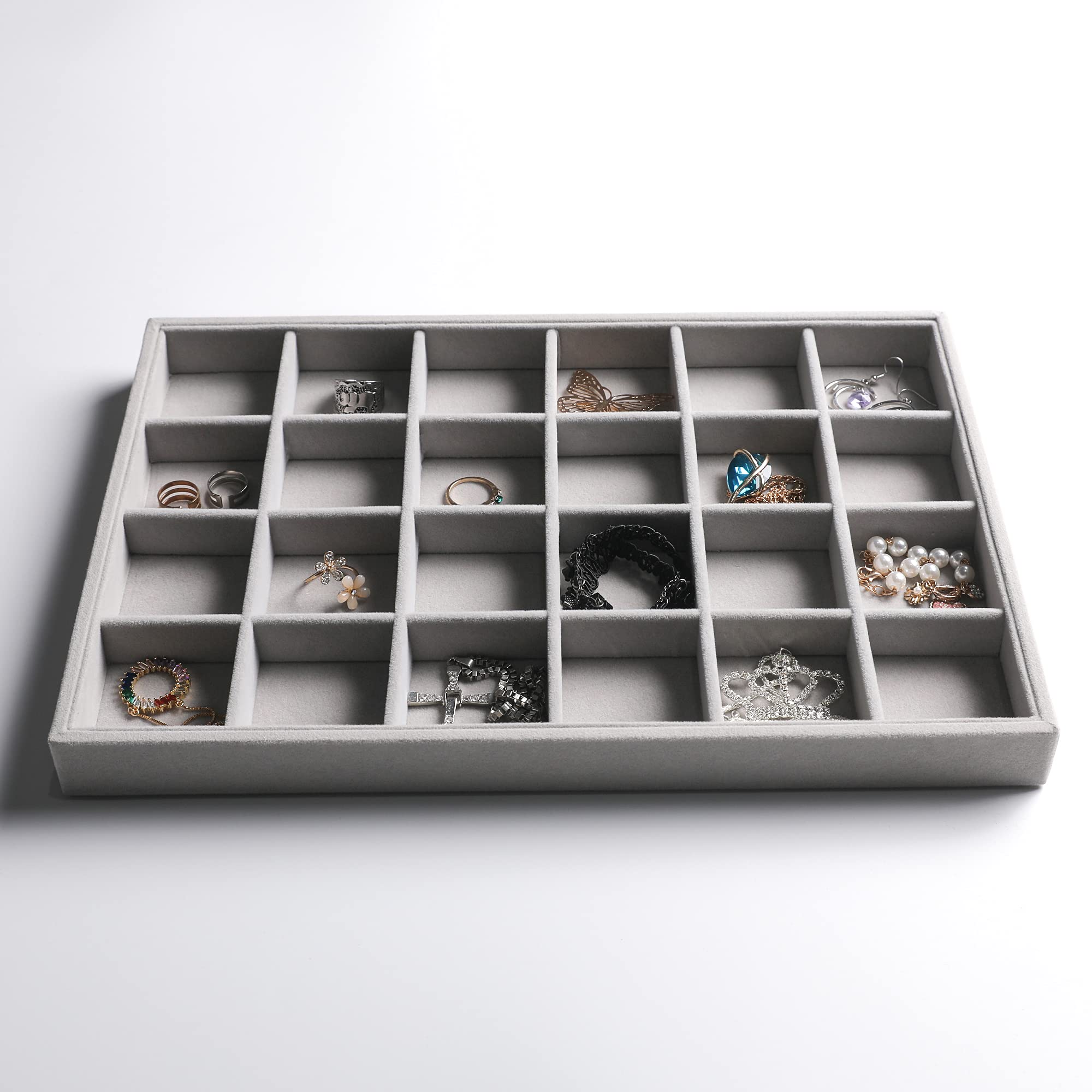 Frebeauty Stackable Velvet Jewelry Organizer Trays - 2-Piece Set for Necklaces, Rings, Bracelets & Earrings | Drawer Inserts & Display Case for Women & Girls (Grey) | Perfect for Bedroom Vanity, Closet & Travel Jewelry Storage