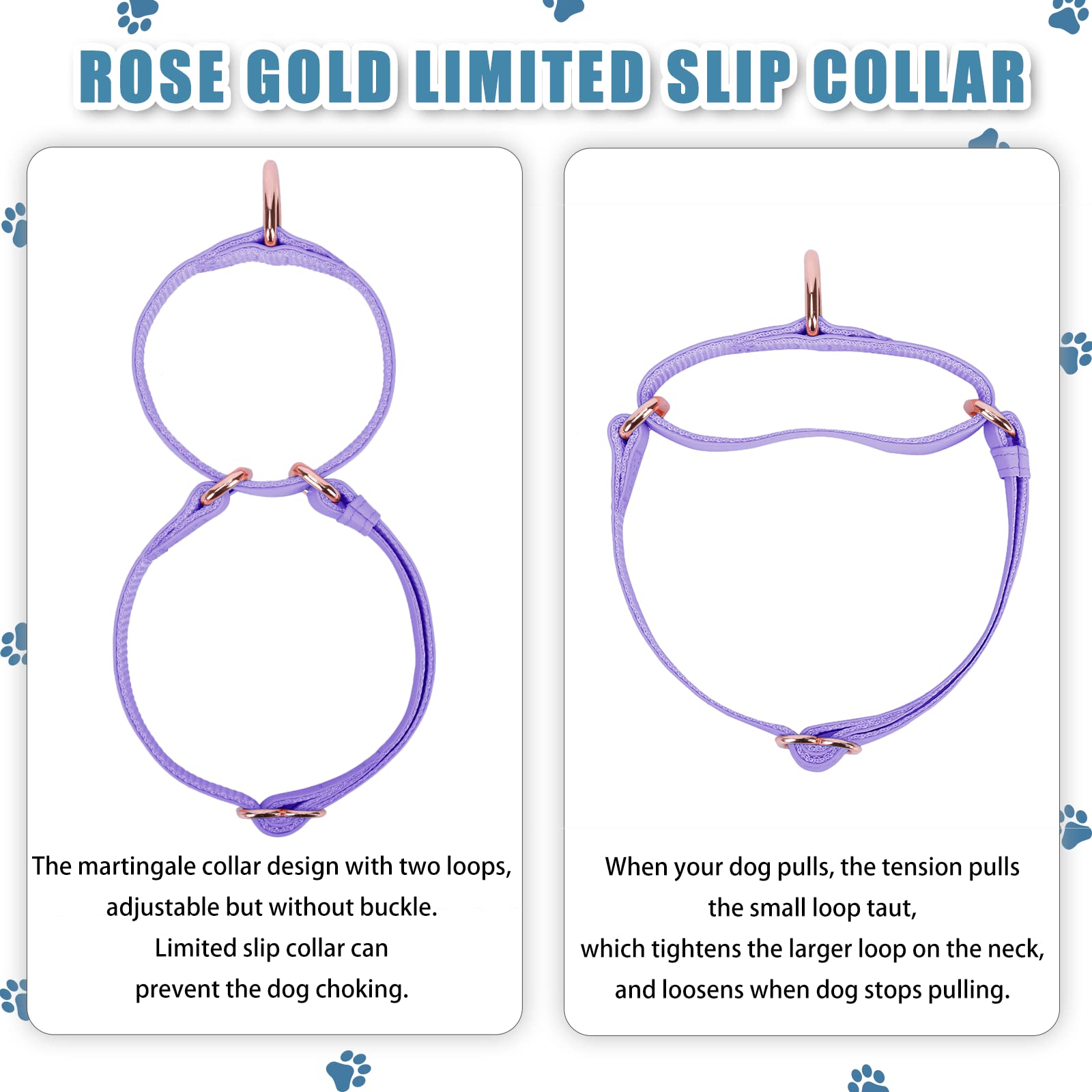 Premium Soft Leather Martingale Dog Collar - Adjustable Rose Gold Slip Collar for Small Medium Large Dogs | Durable Nylon No-Pull Training Collar | Easy to Clean & Stylish Purple Design | Perfect for Daily Walks, Training Sessions & Outdoor Adventures